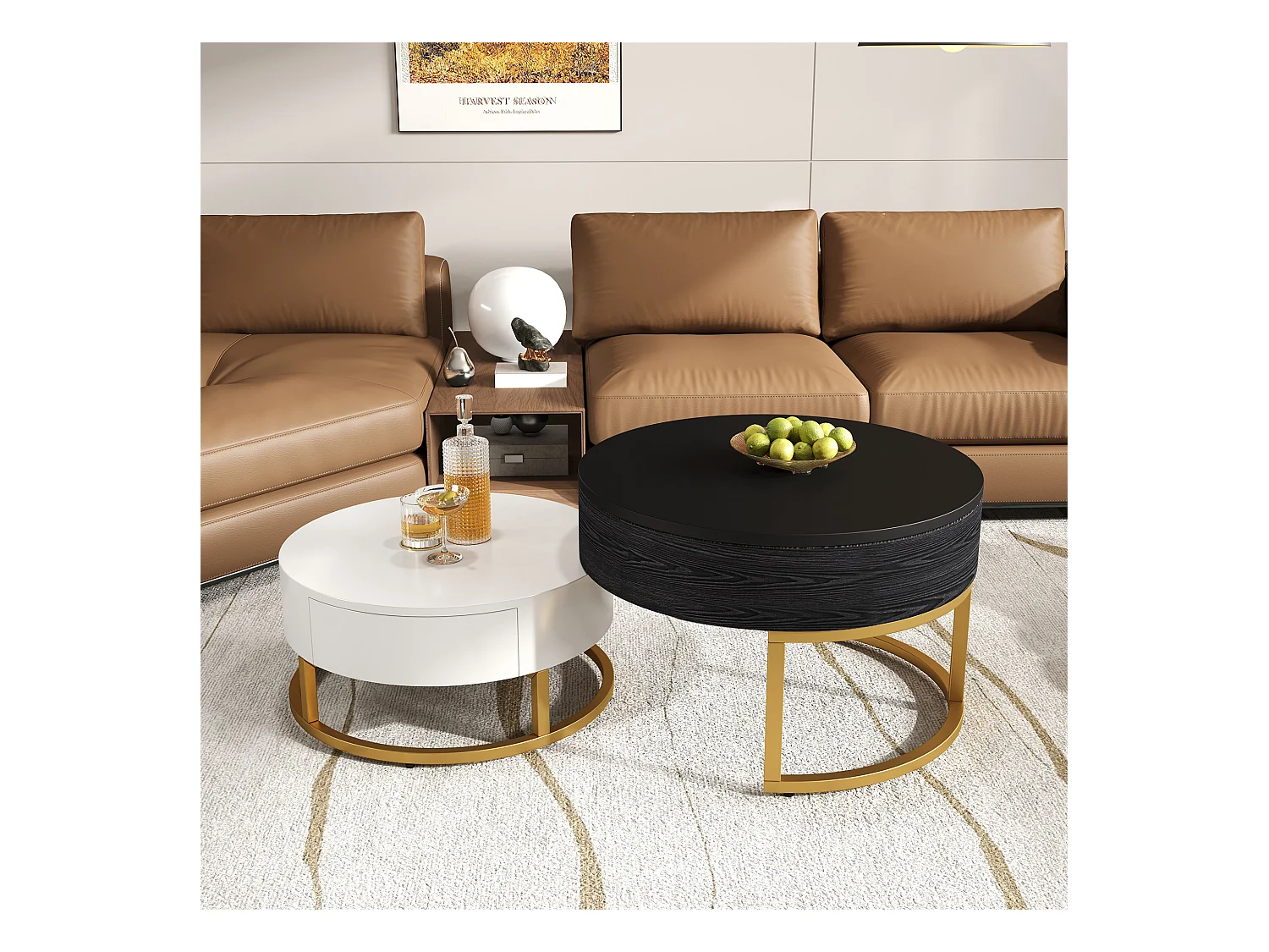 Lot de 2 table basse gigogne, grand table avec plateau relevable, petie table avec 2 tiroirs, MDF, noir
