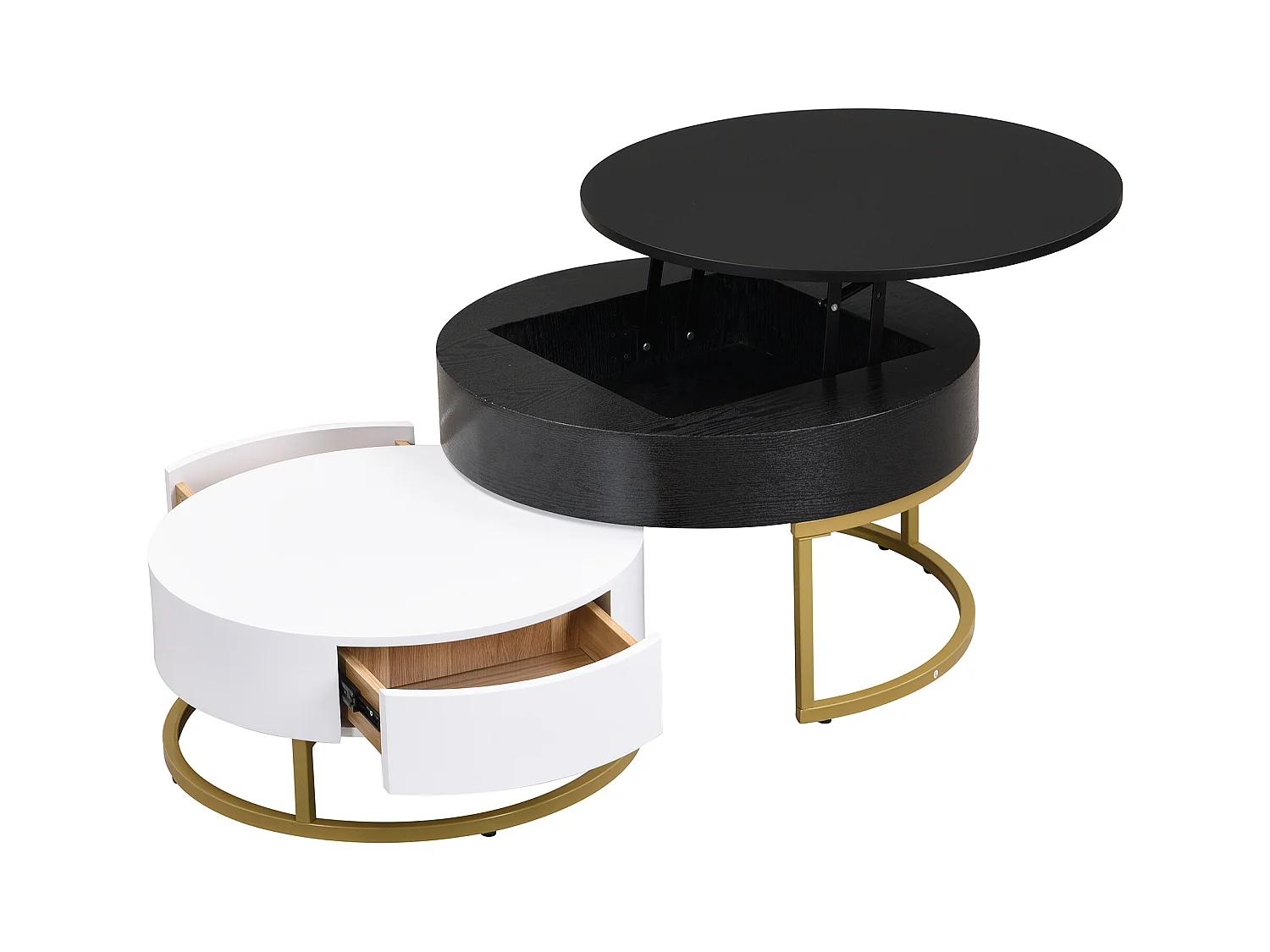 Lot de 2 table basse gigogne, grand table avec plateau relevable, petie table avec 2 tiroirs, MDF, noir