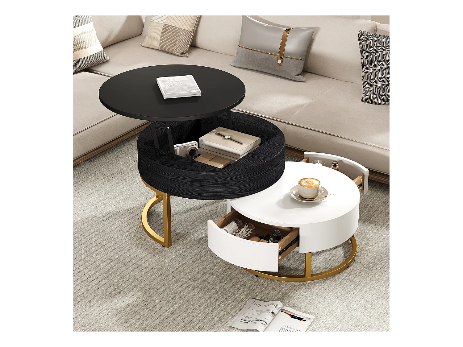 Lot de 2 table basse gigogne, grand table avec plateau relevable, petie table avec 2 tiroirs, MDF, noir