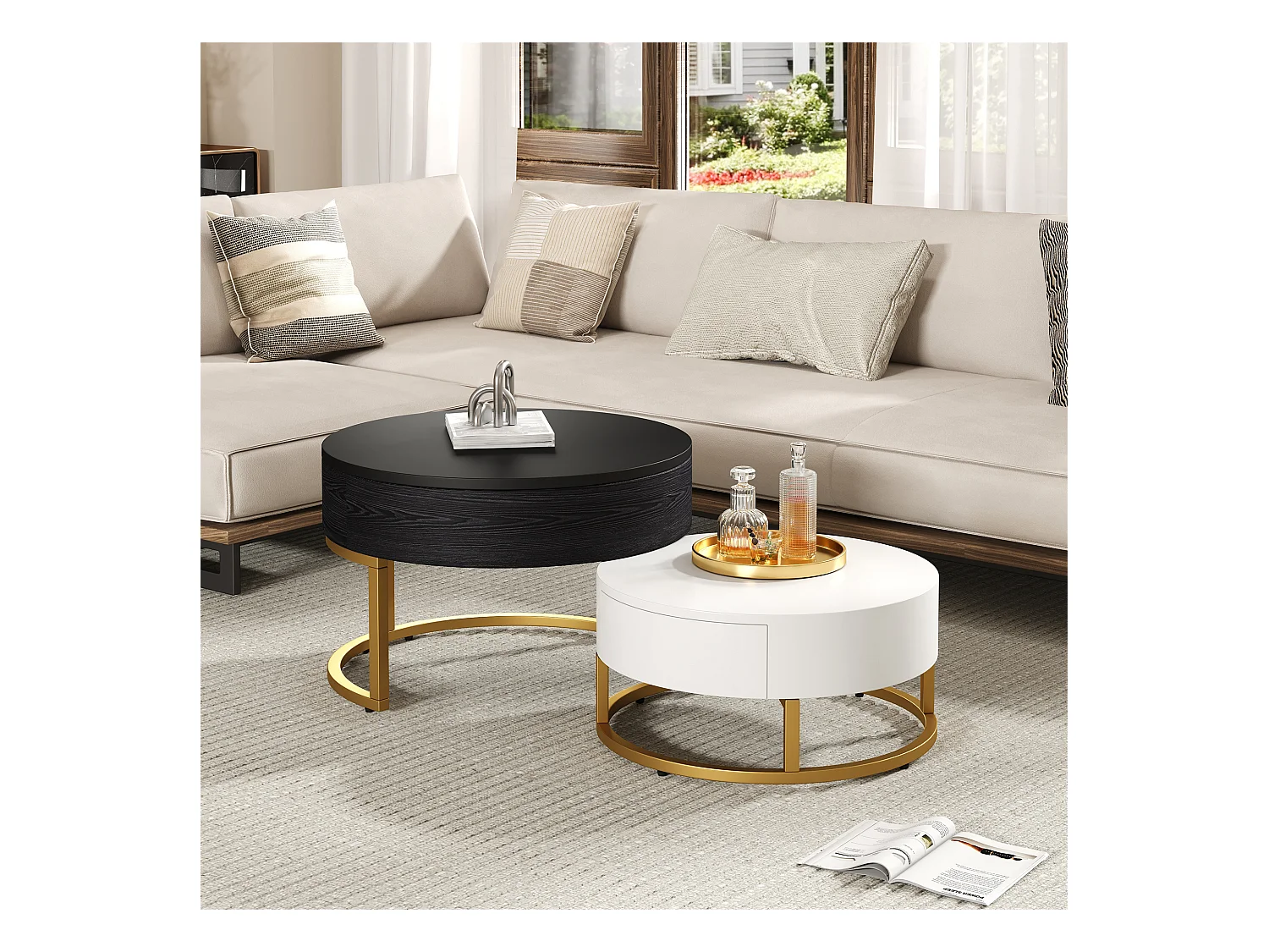 Lot de 2 table basse gigogne, grand table avec plateau relevable, petie table avec 2 tiroirs, MDF, noir