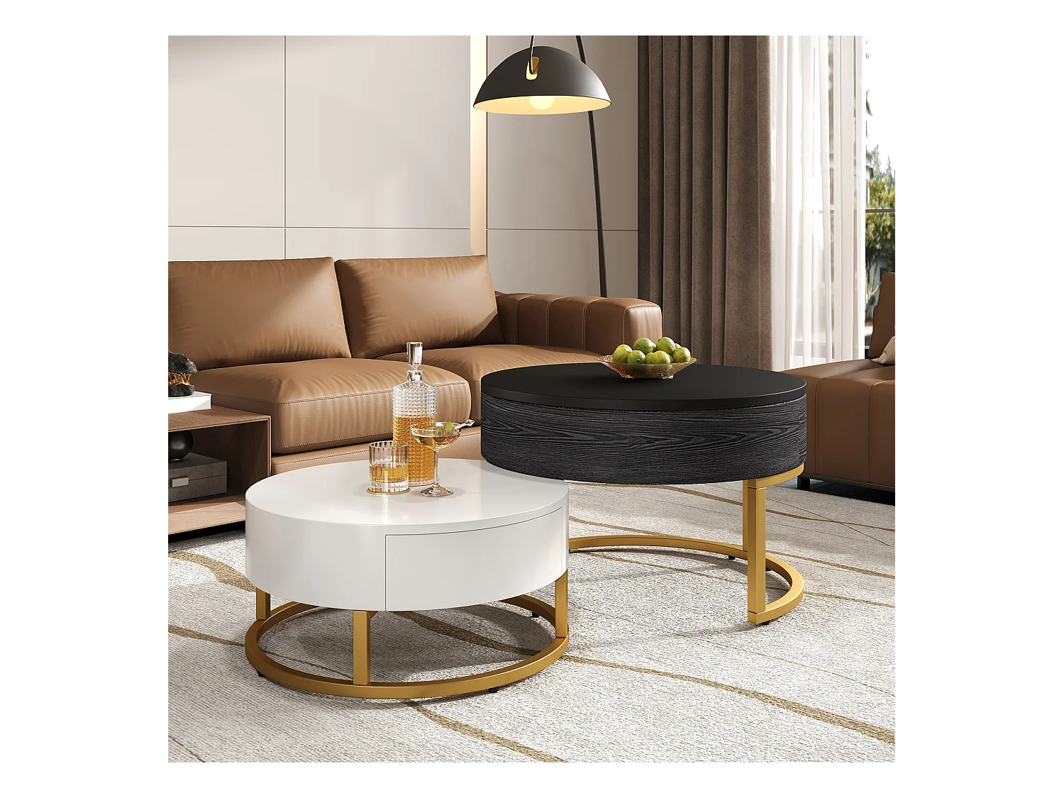 Lot de 2 table basse gigogne, grand table avec plateau relevable, petie table avec 2 tiroirs, MDF, noir