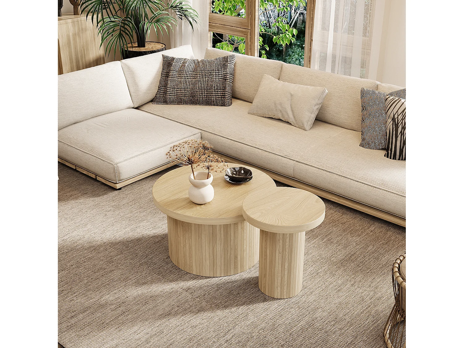 Table basse, table ronde double, table d'appoint avec lattes en bois naturel, table de salon multifonctionnelle
