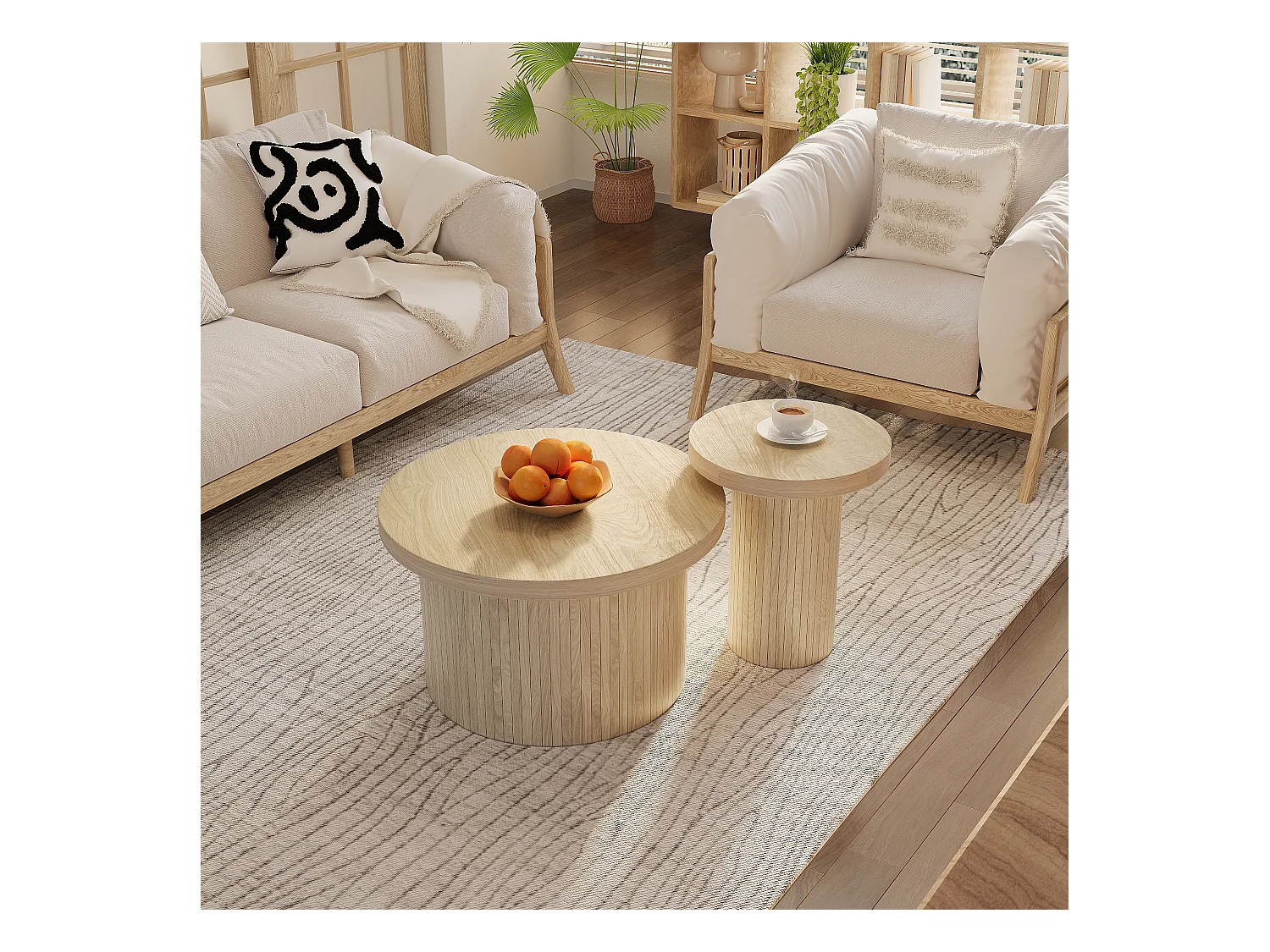 Table basse, table ronde double, table d'appoint avec lattes en bois naturel, table de salon multifonctionnelle
