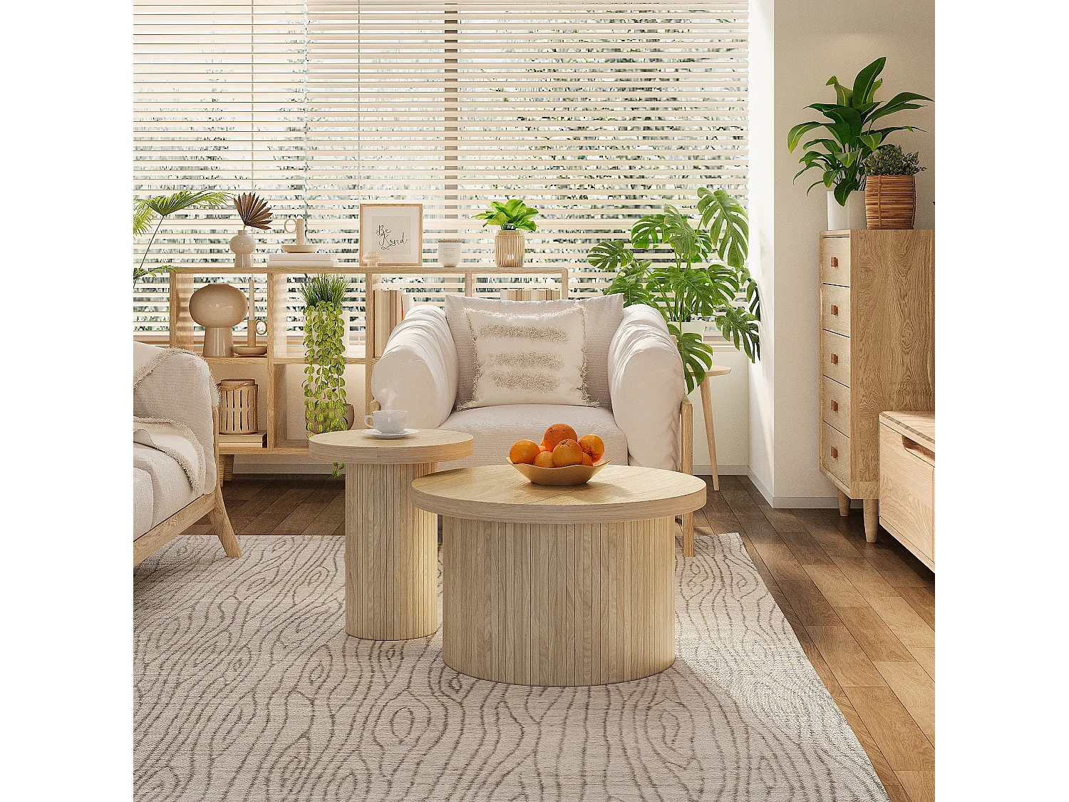 Salontafel, dubbele ronde tafel, bijzettafel met natuurlijke houten latten, multifunctionele salontafel