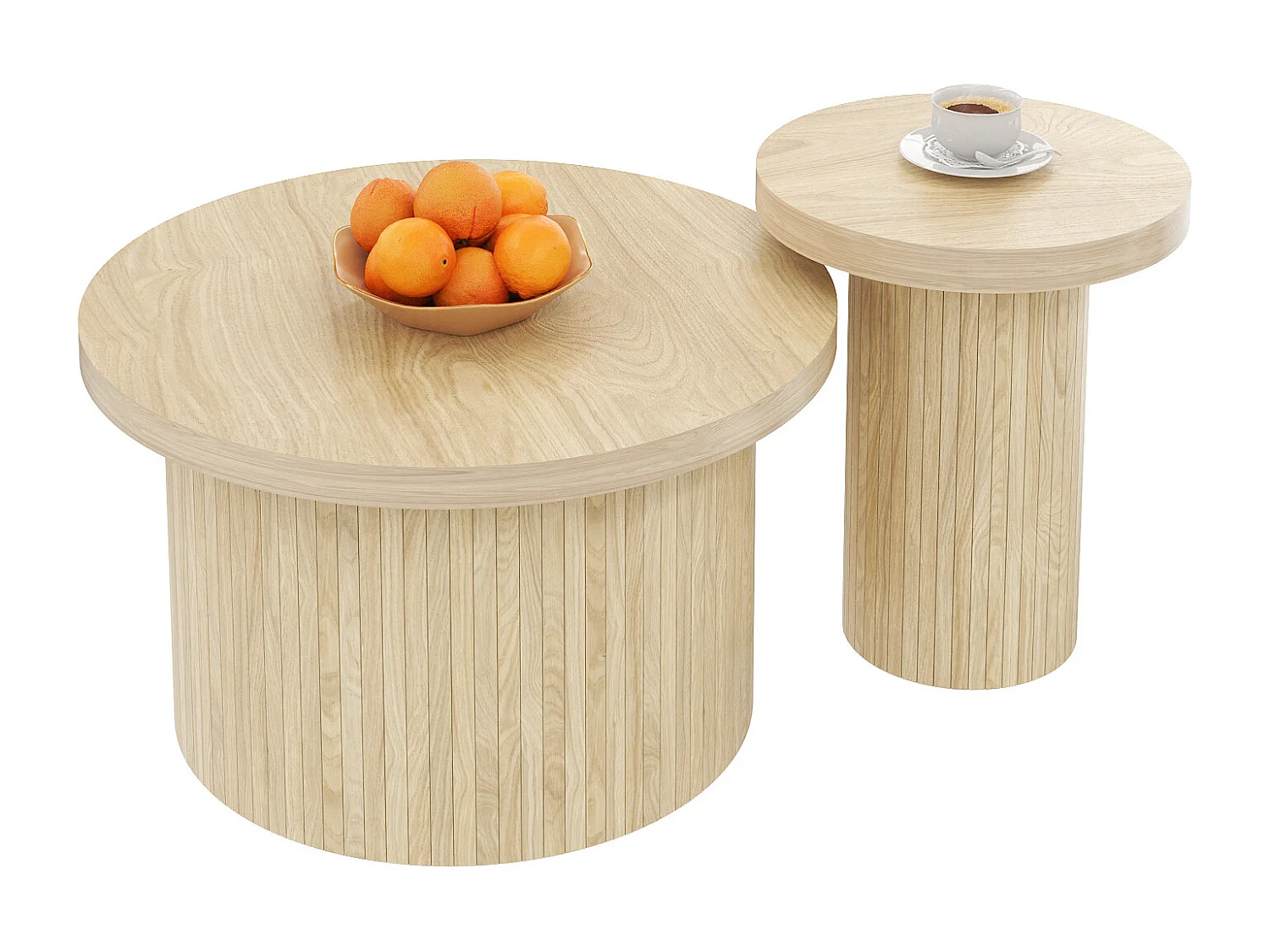 Salontafel, dubbele ronde tafel, bijzettafel met natuurlijke houten latten, multifunctionele salontafel