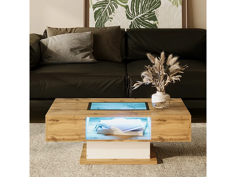 Table basse, table de salon avec lumière LED et deux tiroirs, 110,2x60x39,7cm, couleur bois