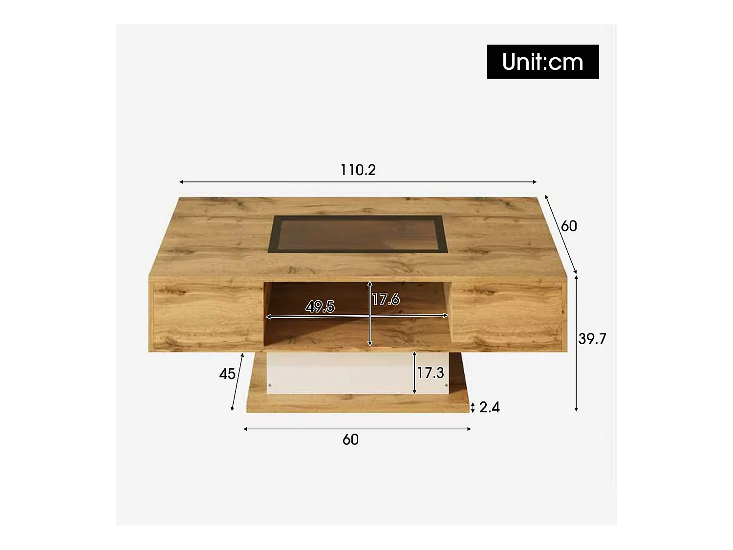 Table basse, table de salon avec lumière LED et deux tiroirs, 110,2x60x39,7cm, couleur bois