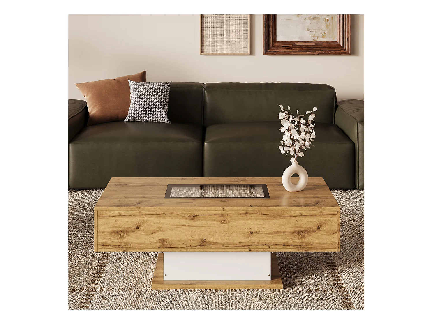 Table basse, table de salon avec lumière LED et deux tiroirs, 110,2x60x39,7cm, couleur bois