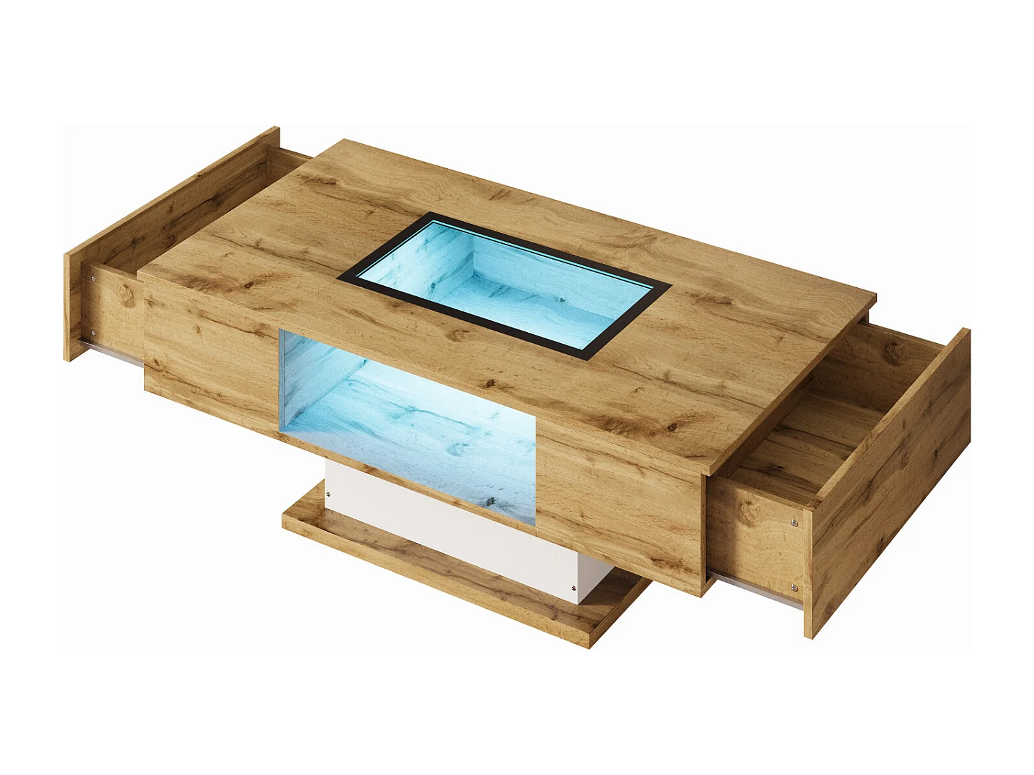 Table basse, table de salon avec lumière LED et deux tiroirs, 110,2x60x39,7cm, couleur bois