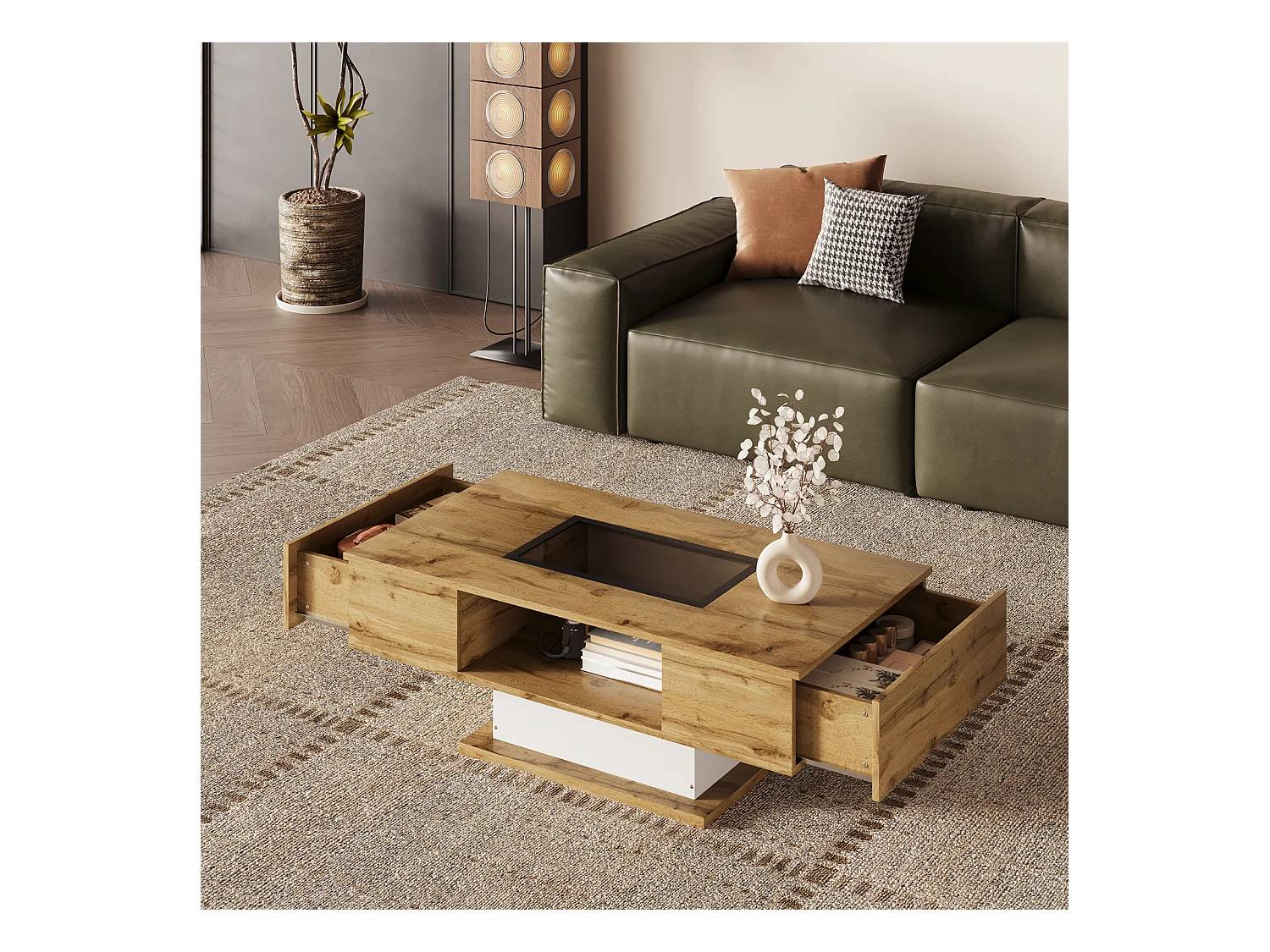 Table basse, table de salon avec lumière LED et deux tiroirs, 110,2x60x39,7cm, couleur bois