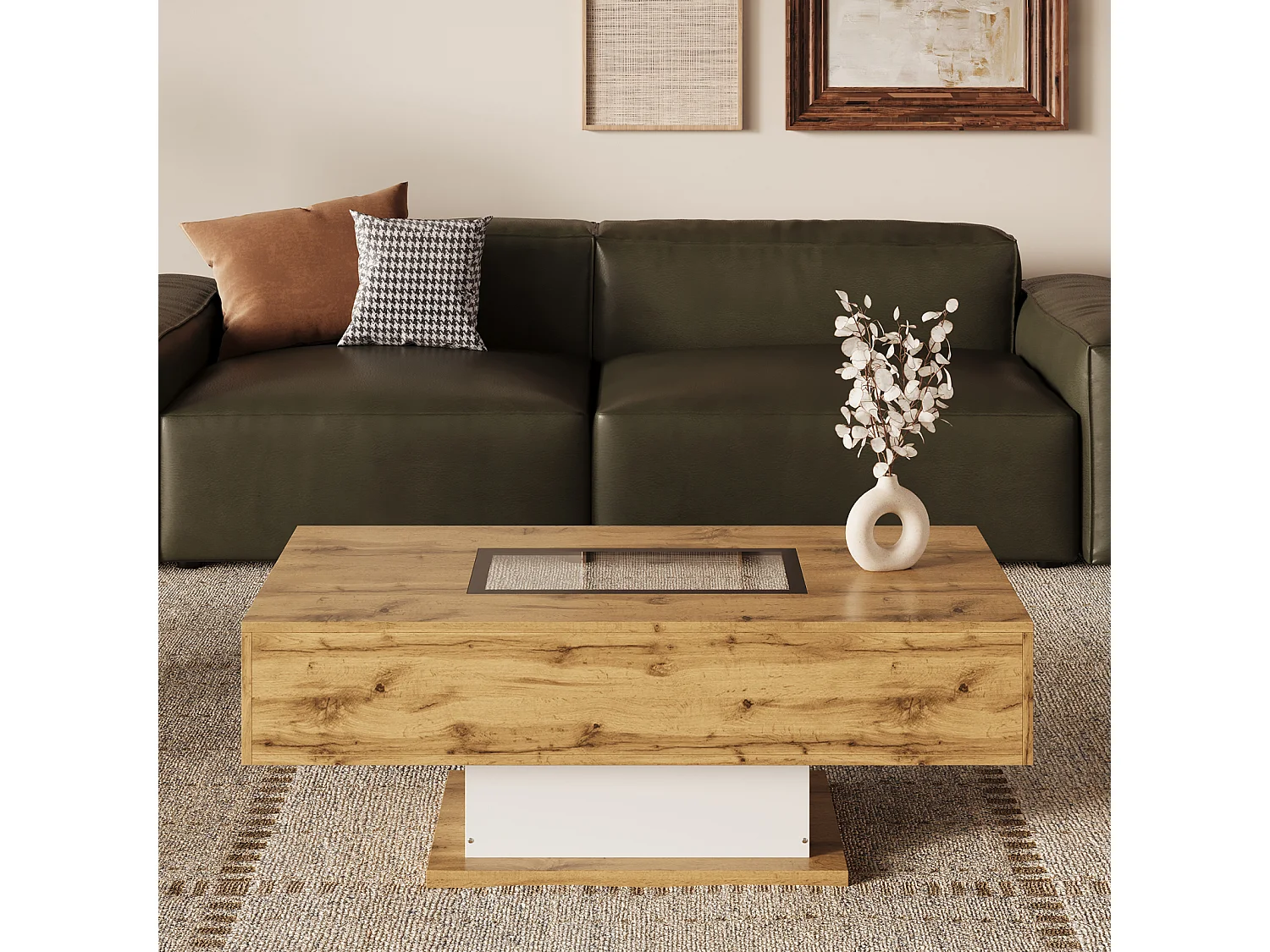 Table basse, table de salon avec lumière LED et deux tiroirs, 110,2x60x39,7cm, couleur bois