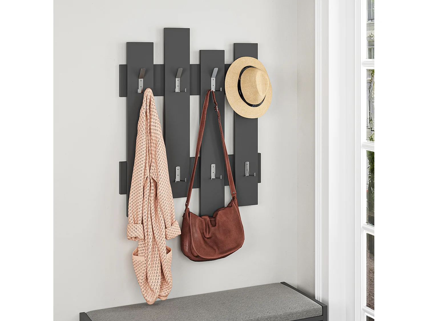 Decortie Gris Anthracite 4x64x81cm Porte-manteau mural avec 8 crochets, aggloméré, métal avec étagère de rangement Wave