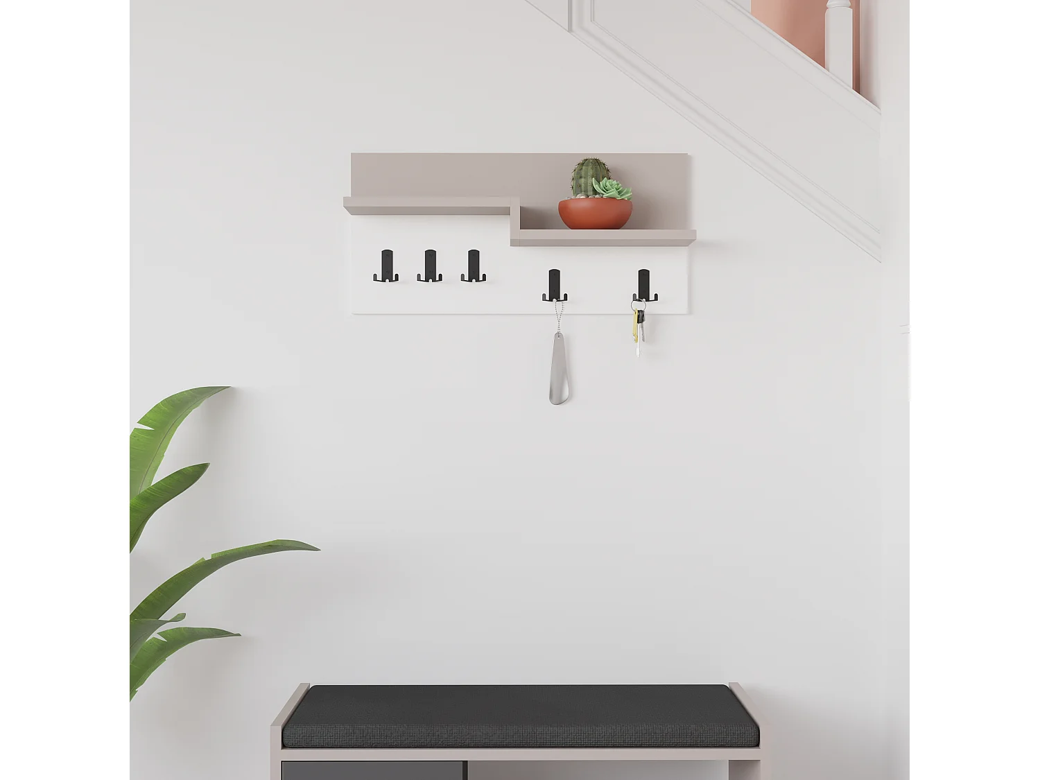 Decortie Gris Moka, Blanc 15x65x31cm Porte-manteau mural avec 5 crochets, panneau de particules, métal Rangement Harmon