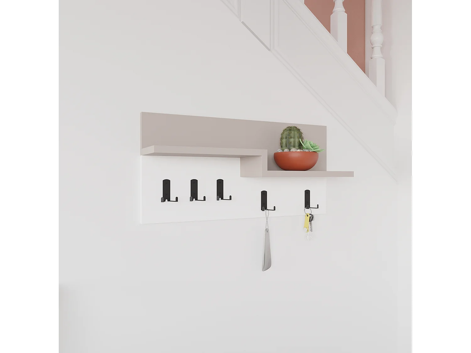 Decortie Gris Moka, Blanc 15x65x31cm Porte-manteau mural avec 5 crochets, panneau de particules, métal Rangement Harmon