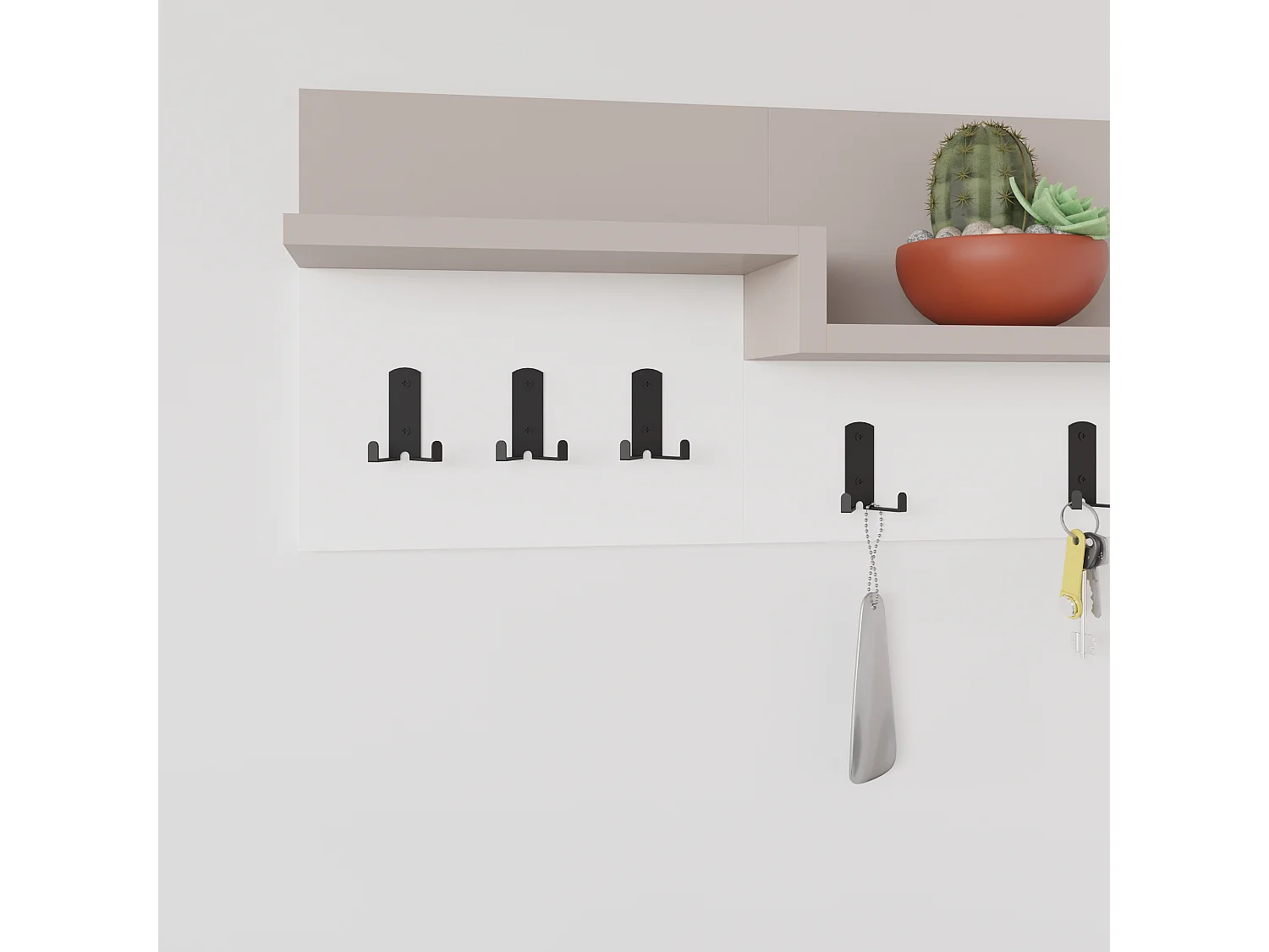 Decortie Gris Moka, Blanc 15x65x31cm Porte-manteau mural avec 5 crochets, panneau de particules, métal Rangement Harmon