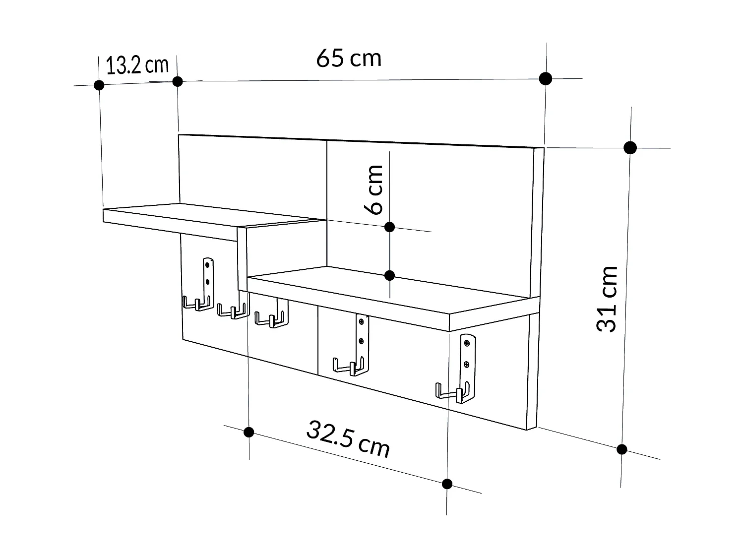 Decortie Gris Moka, Blanc 15x65x31cm Porte-manteau mural avec 5 crochets, panneau de particules, métal Rangement Harmon