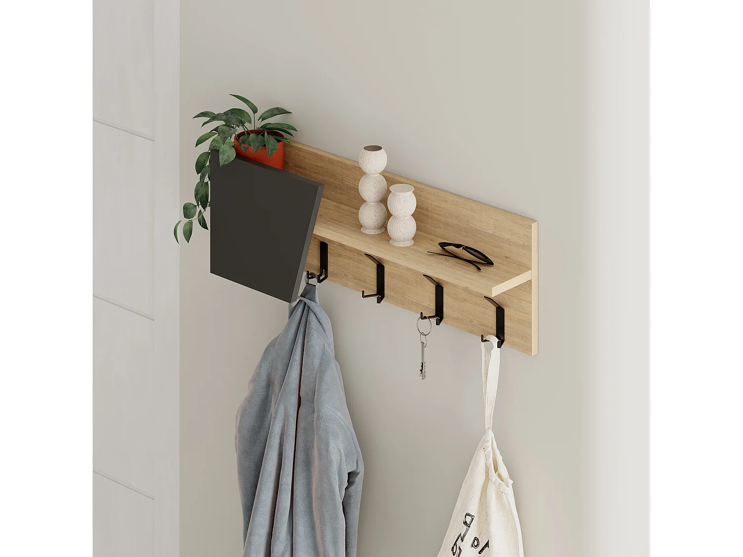 Decortie Chêne, Gris Anthracite 15.7x74x26cm Porte-manteau mural avec 4 crochets Panneau de particules, Étagère de rangement Eleva
