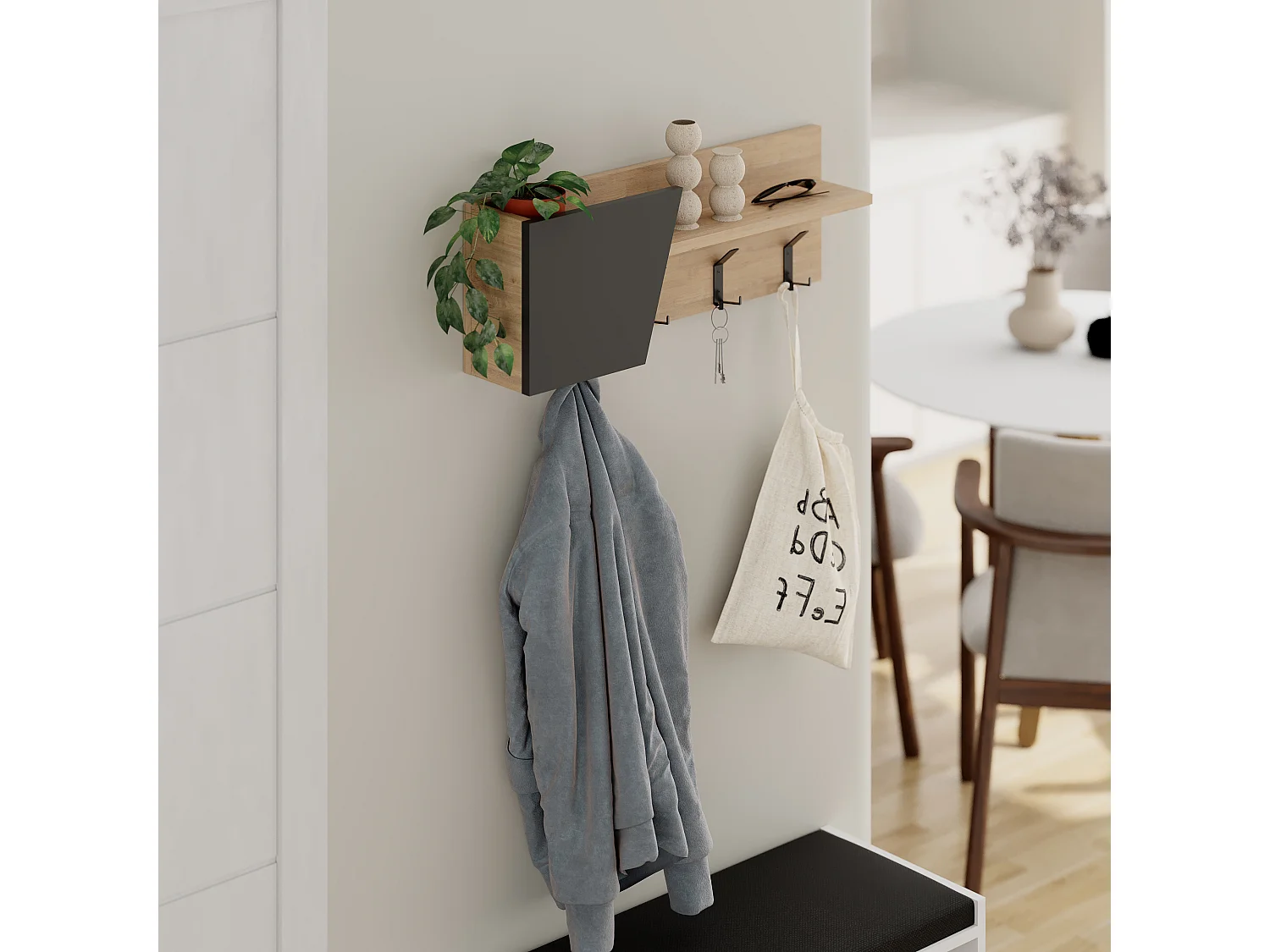 Decortie Chêne, Gris Anthracite 15.7x74x26cm Porte-manteau mural avec 4 crochets Panneau de particules, Étagère de rangement Eleva