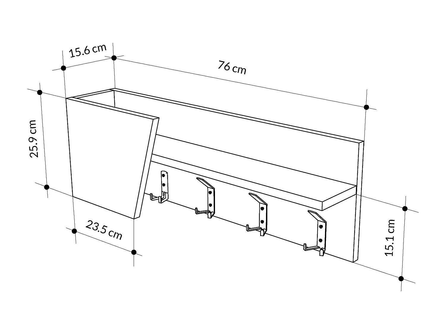 Decortie Chêne, Gris Anthracite 15.7x74x26cm Porte-manteau mural avec 4 crochets Panneau de particules, Étagère de rangement Eleva