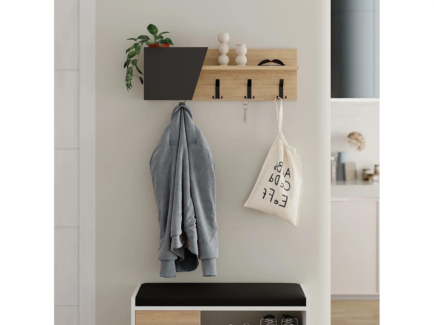 Decortie Chêne, Gris Anthracite 15.7x74x26cm Porte-manteau mural avec 4 crochets Panneau de particules, Étagère de rangement Eleva