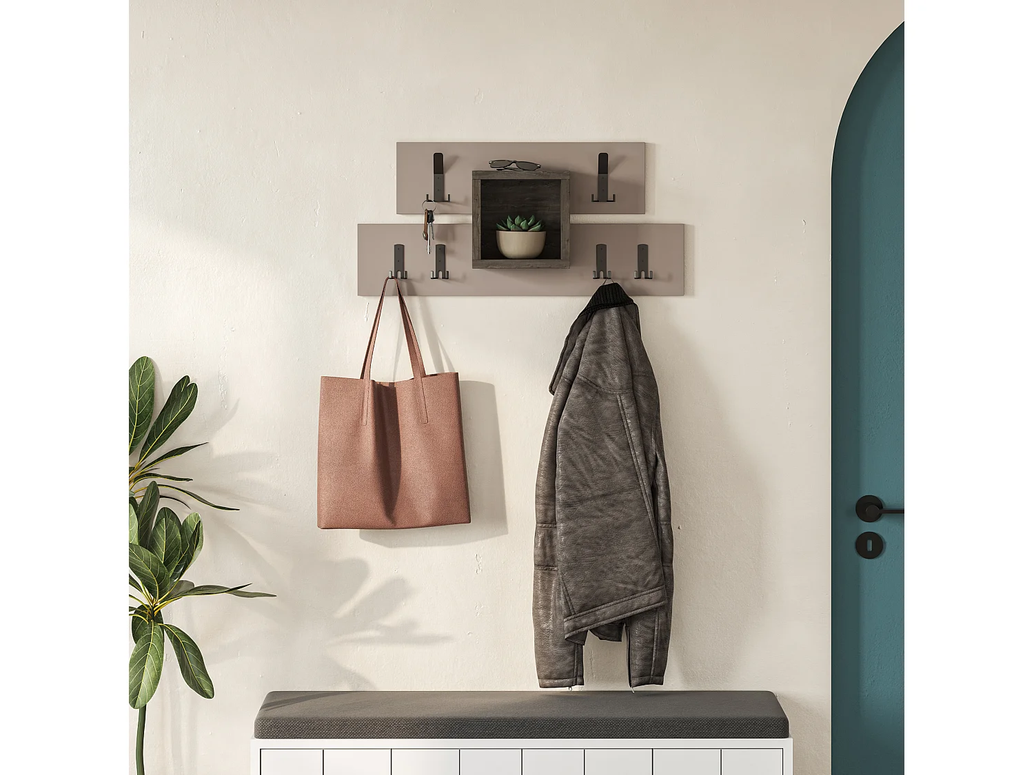 Decortie Gris Moka, Café Foncé 14.8x68cm Porte-manteau mural avec 6 crochets, Panneau de particules, Métal Rangement d'étagère