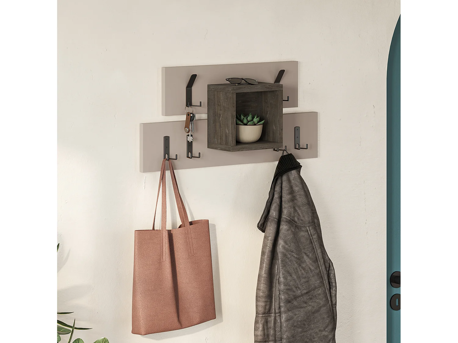 Decortie Gris Moka, Café Foncé 14.8x68cm Porte-manteau mural avec 6 crochets, Panneau de particules, Métal Rangement d'étagère