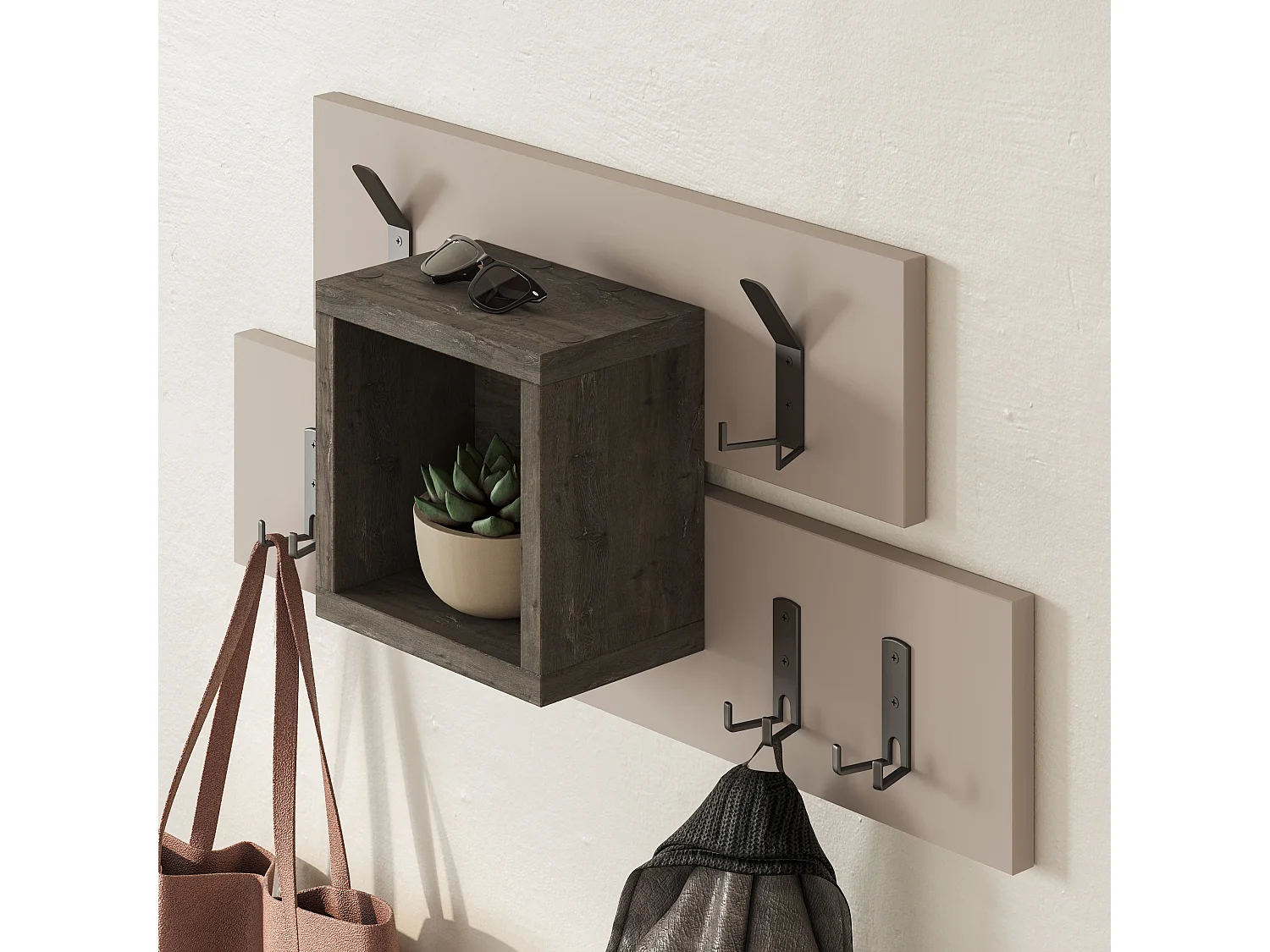 Decortie Gris Moka, Café Foncé 14.8x68cm Porte-manteau mural avec 6 crochets, Panneau de particules, Métal Rangement d'étagère