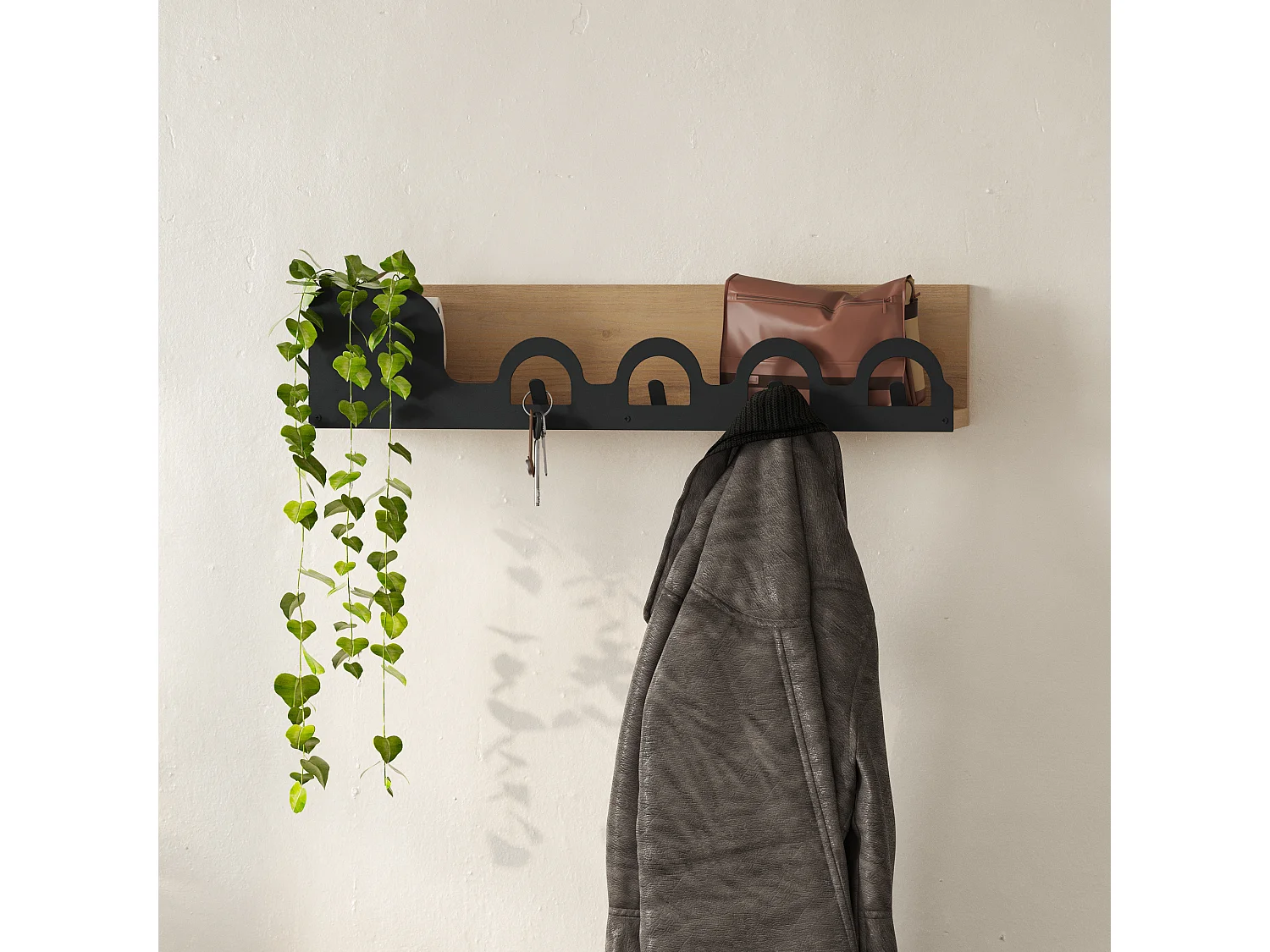 Decortie Chêne 14x63x14cm Porte-manteau mural avec 5 crochets, Panneau de particules, Métal Rangement d'étagère Liora