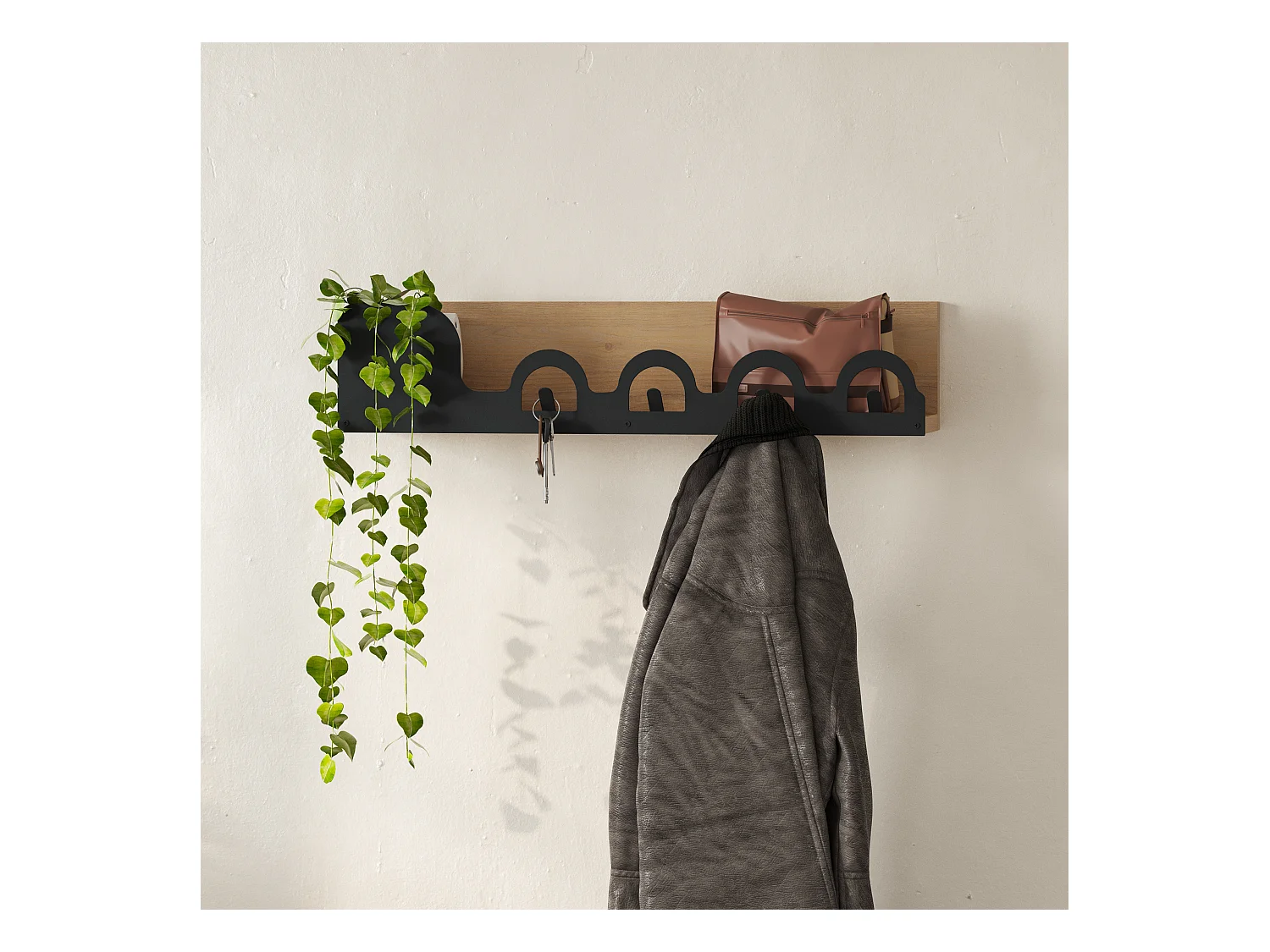 Decortie Chêne 14x63x14cm Porte-manteau mural avec 5 crochets, Panneau de particules, Métal Rangement d'étagère Liora