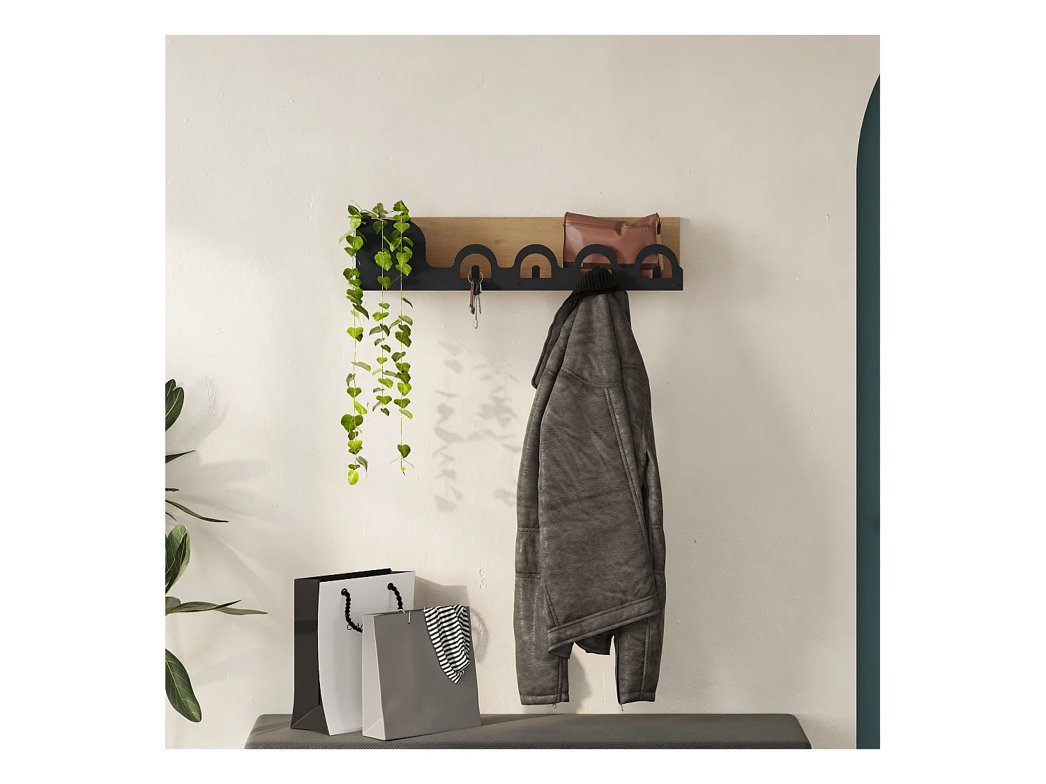 Decortie Chêne 14x63x14cm Porte-manteau mural avec 5 crochets, Panneau de particules, Métal Rangement d'étagère Liora