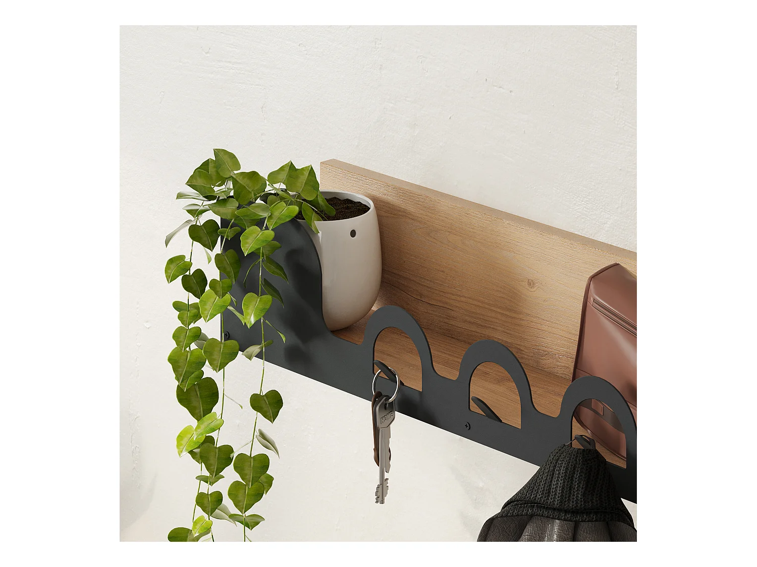 Decortie Chêne 14x63x14cm Porte-manteau mural avec 5 crochets, Panneau de particules, Métal Rangement d'étagère Liora