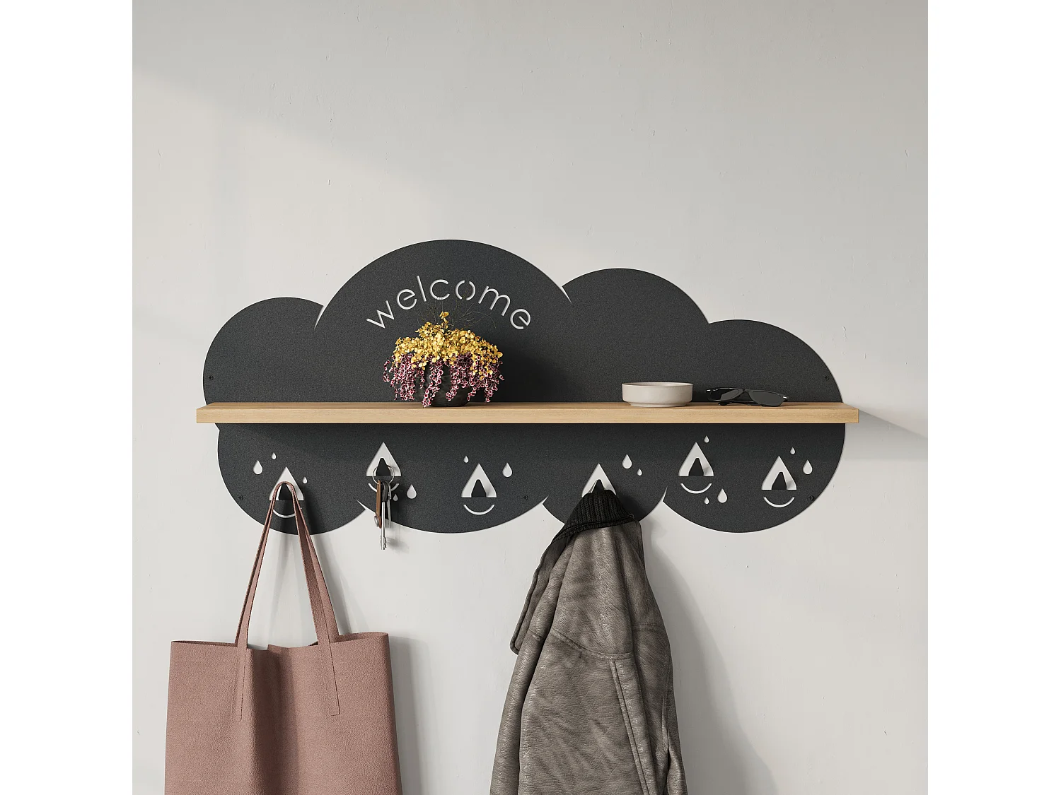 Decortie Chêne 14.2x84x39.4cm Portemanteau Mural avec 6 Crochets Panneau de Particules, Métal Étagère de Rangement Cloudy