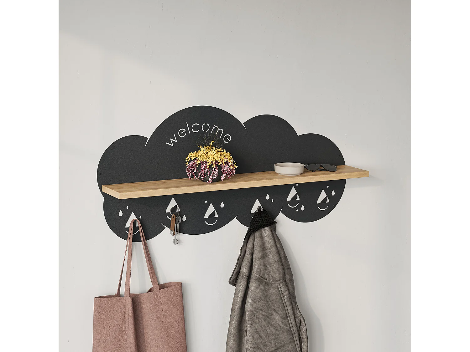 Decortie Chêne 14.2x84x39.4cm Portemanteau Mural avec 6 Crochets Panneau de Particules, Métal Étagère de Rangement Cloudy