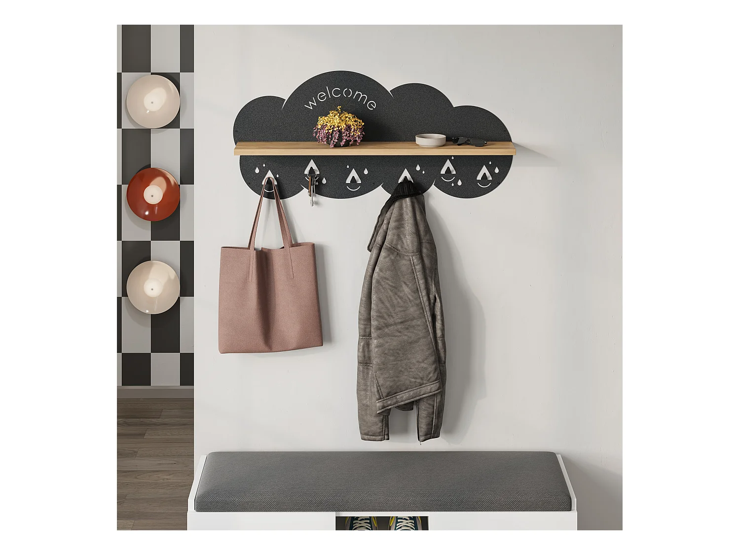 Decortie Chêne 14.2x84x39.4cm Portemanteau Mural avec 6 Crochets Panneau de Particules, Métal Étagère de Rangement Cloudy