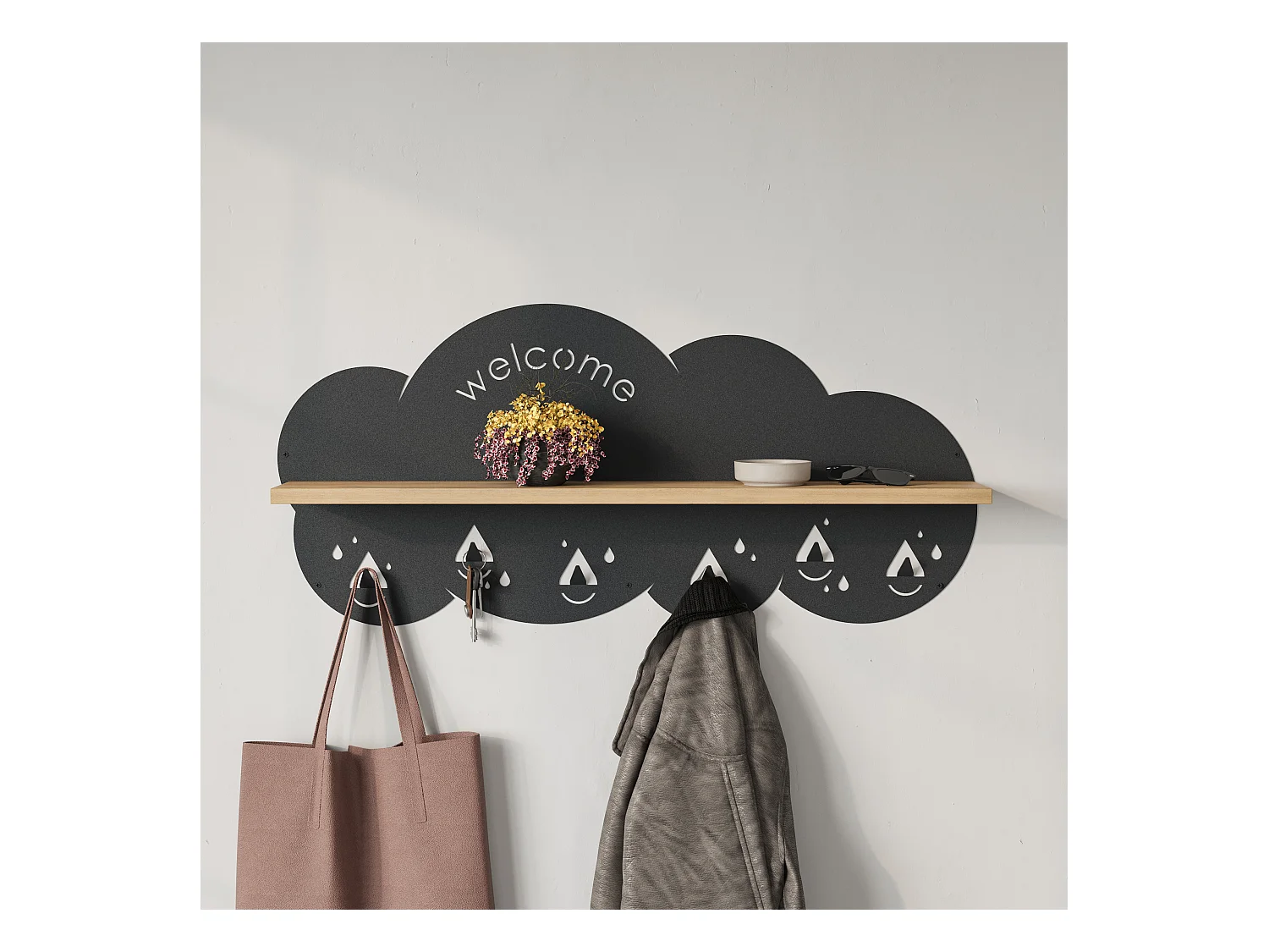 Decortie Chêne 14.2x84x39.4cm Portemanteau Mural avec 6 Crochets Panneau de Particules, Métal Étagère de Rangement Cloudy