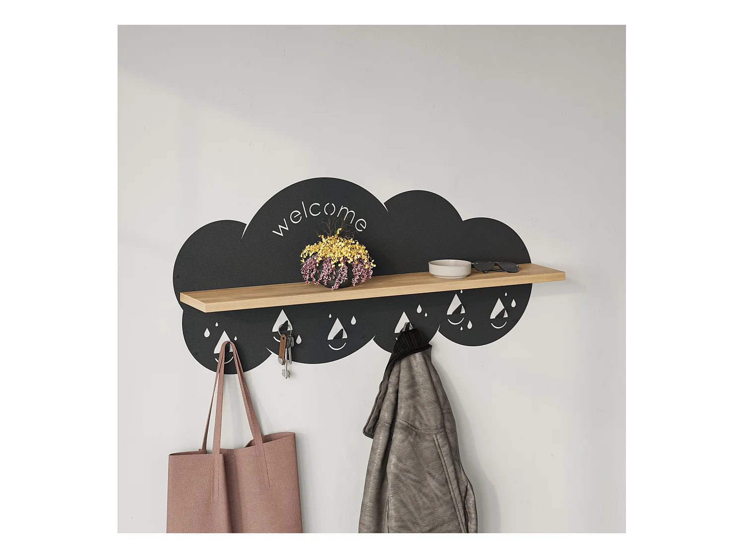 Decortie Chêne 14.2x84x39.4cm Portemanteau Mural avec 6 Crochets Panneau de Particules, Métal Étagère de Rangement Cloudy