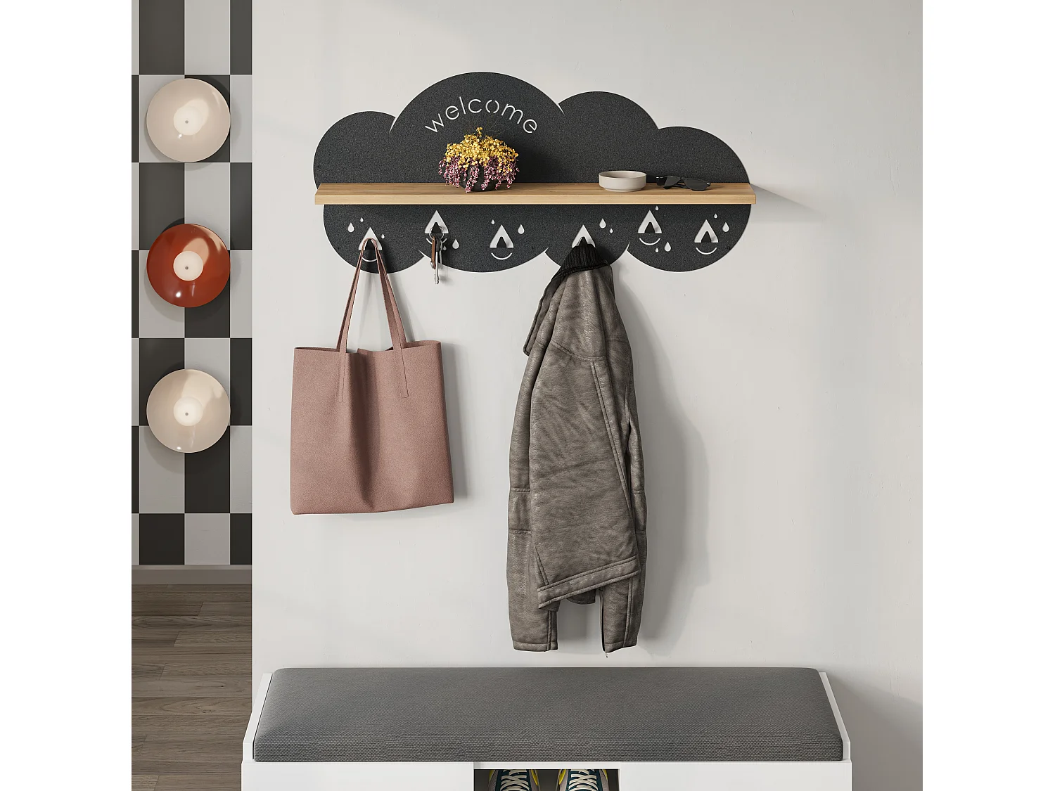 Decortie Chêne 14.2x84x39.4cm Portemanteau Mural avec 6 Crochets Panneau de Particules, Métal Étagère de Rangement Cloudy