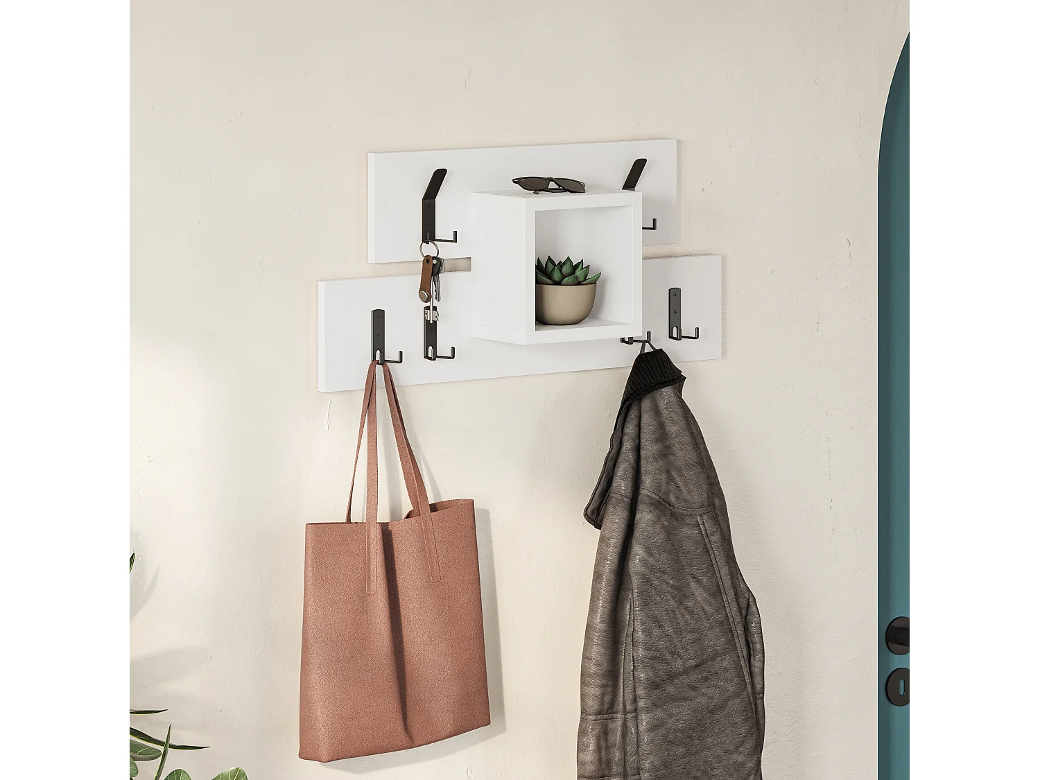 Decortie Blanc 14.8x68x32cm Porte-manteau mural avec 6 crochets, Panneau de particules, Métal Rangement d'étagère Lumina