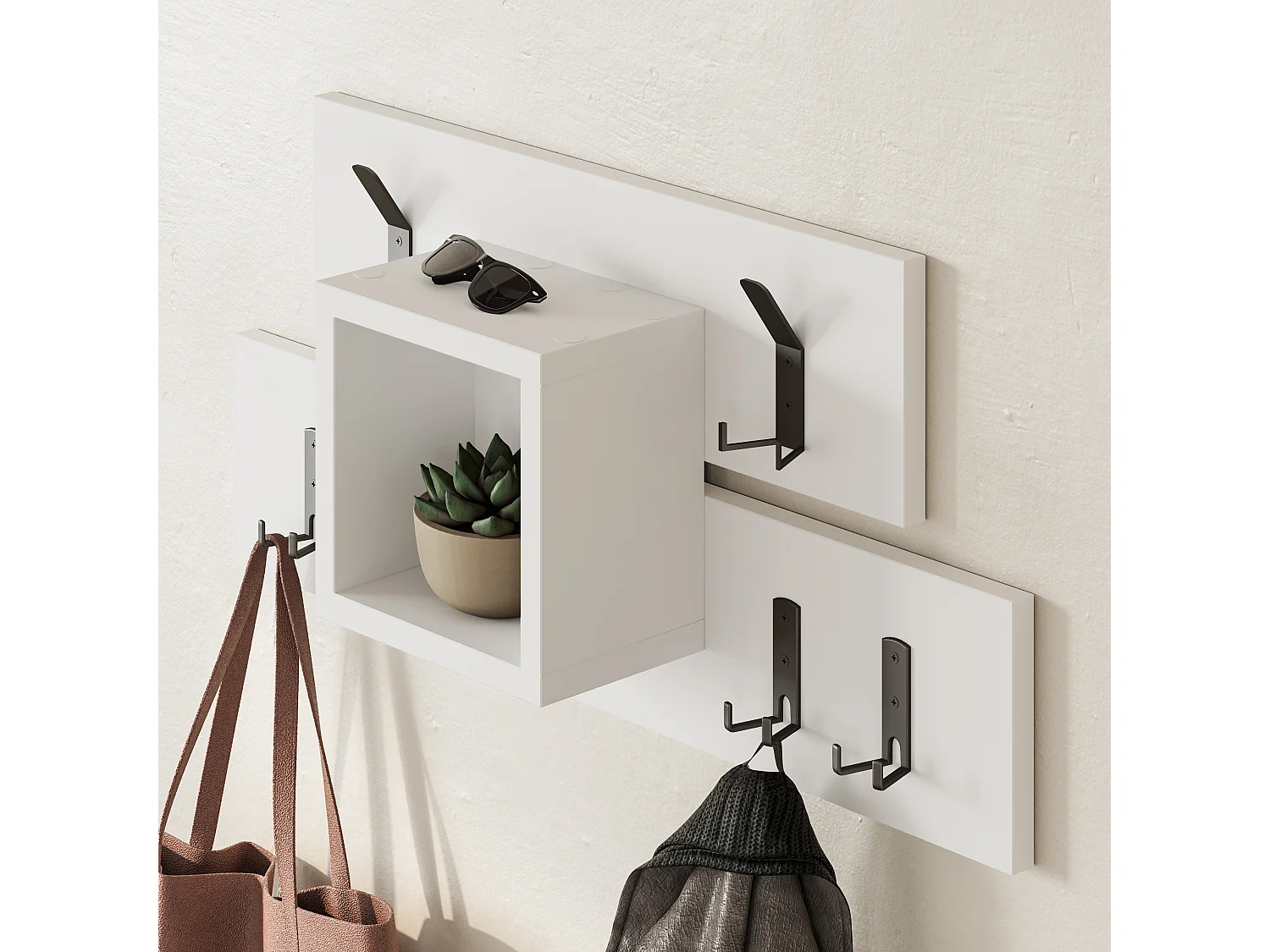 Decortie Blanc 14.8x68x32cm Porte-manteau mural avec 6 crochets, Panneau de particules, Métal Rangement d'étagère Lumina
