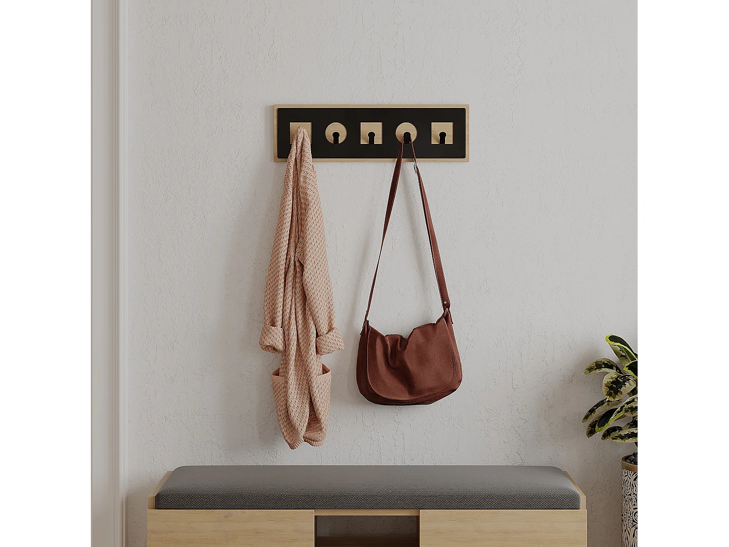 Decortie Eik 2x54.2x16cm Wandhanger met 5 Kapstokhaken, Spaanplaat, Metaal Plankopslag Icon