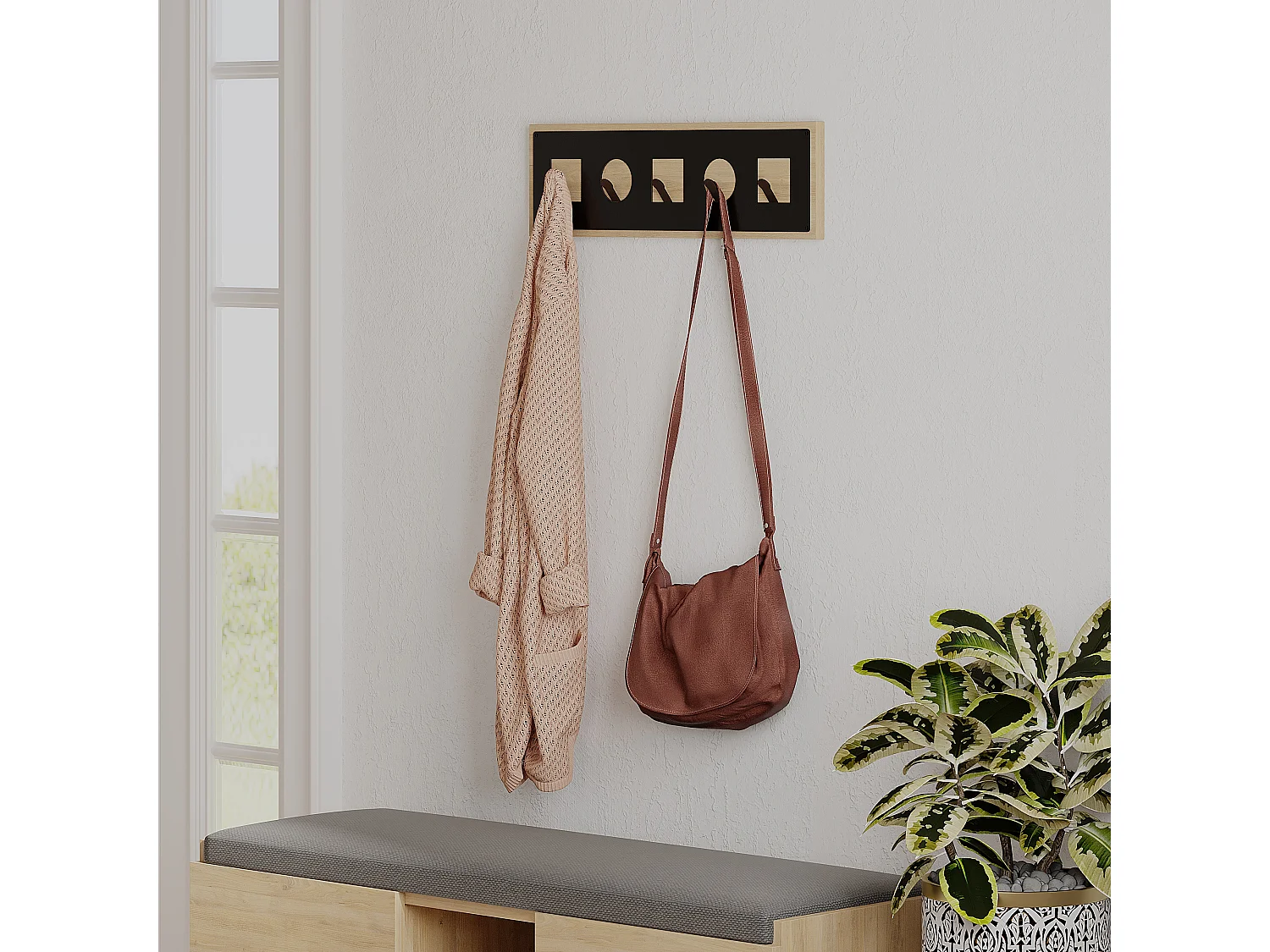 Decortie Eik 2x54.2x16cm Wandhanger met 5 Kapstokhaken, Spaanplaat, Metaal Plankopslag Icon