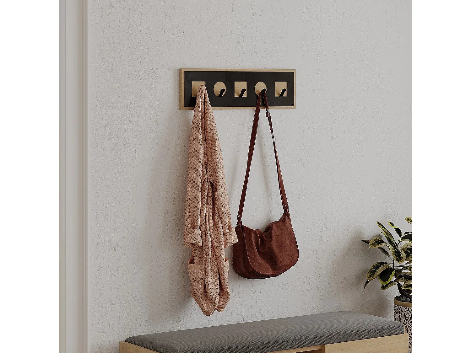 Decortie Eik 2x54.2x16cm Wandhanger met 5 Kapstokhaken, Spaanplaat, Metaal Plankopslag Icon