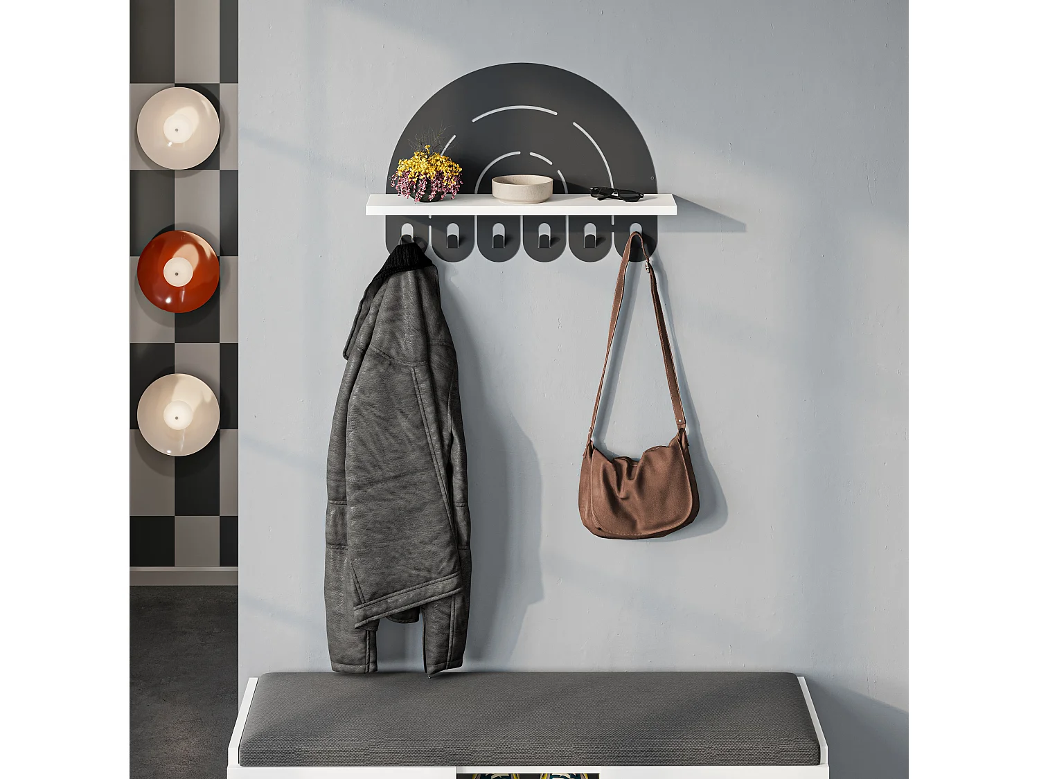 Decortie Blanc 13.8x60x39.7cm Vestiaire Mural avec 6 Crochets Panneau de Particules, Métal Étagère de Rangement Rainbow