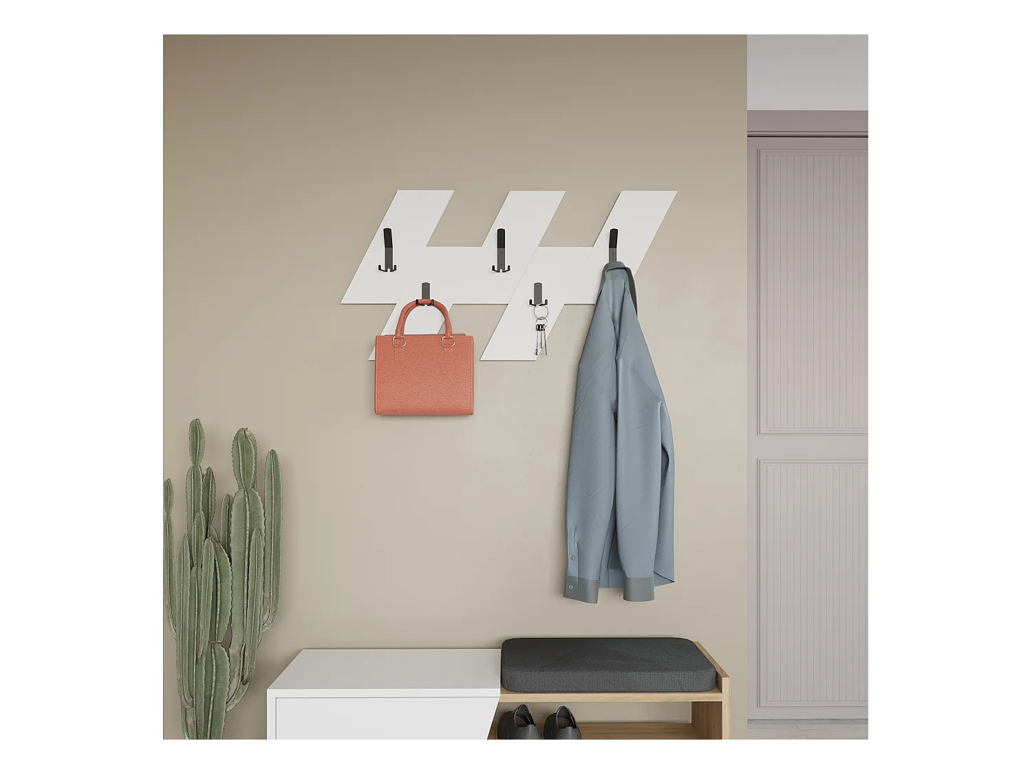Decortie Blanc 1.8x75.2x45.3cm Porte-manteau mural avec 5 crochets, Panneau de particules, Métal Rangement d'étagère Livy