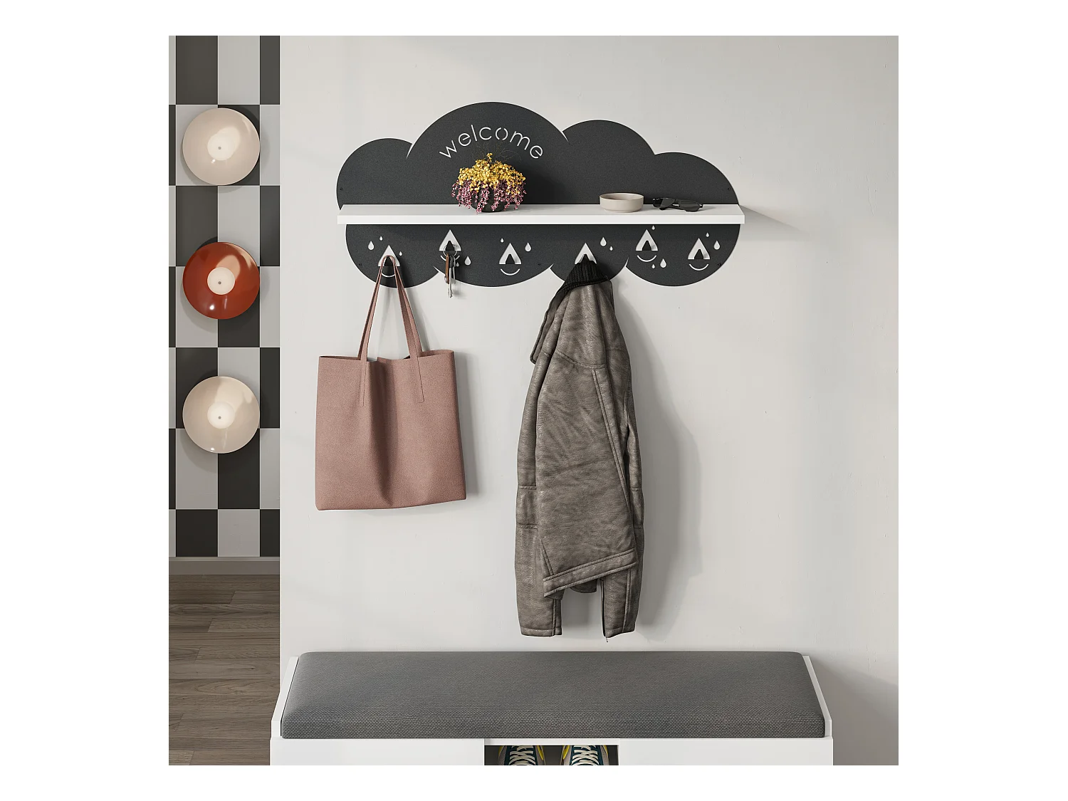 Decortie Blanc 14.2x84x39.4cm Portemanteau Mural avec 6 Crochets Panneau de Particules, Métal Étagère de Rangement Cloudy