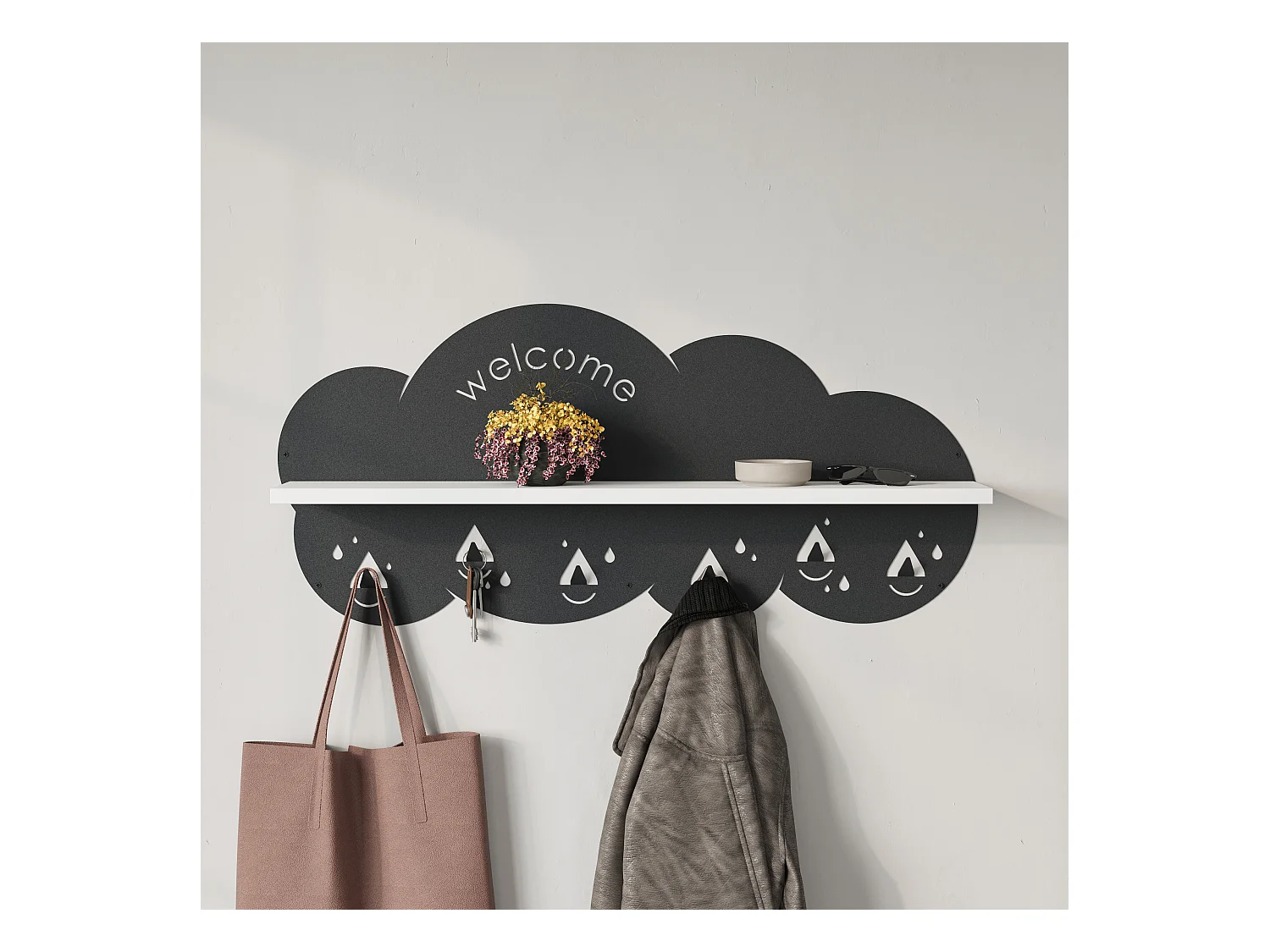 Decortie Blanc 14.2x84x39.4cm Portemanteau Mural avec 6 Crochets Panneau de Particules, Métal Étagère de Rangement Cloudy