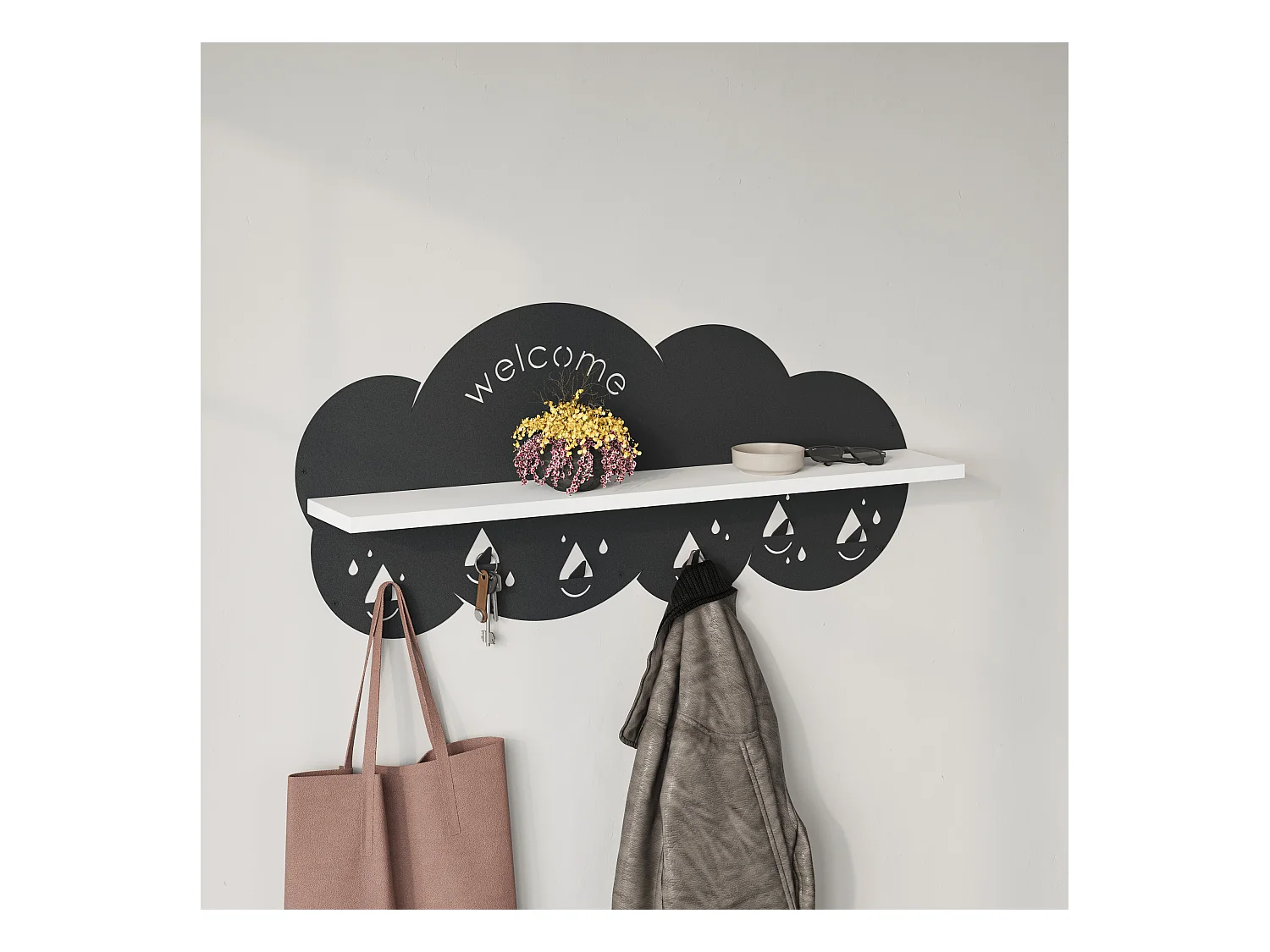 Decortie Blanc 14.2x84x39.4cm Portemanteau Mural avec 6 Crochets Panneau de Particules, Métal Étagère de Rangement Cloudy