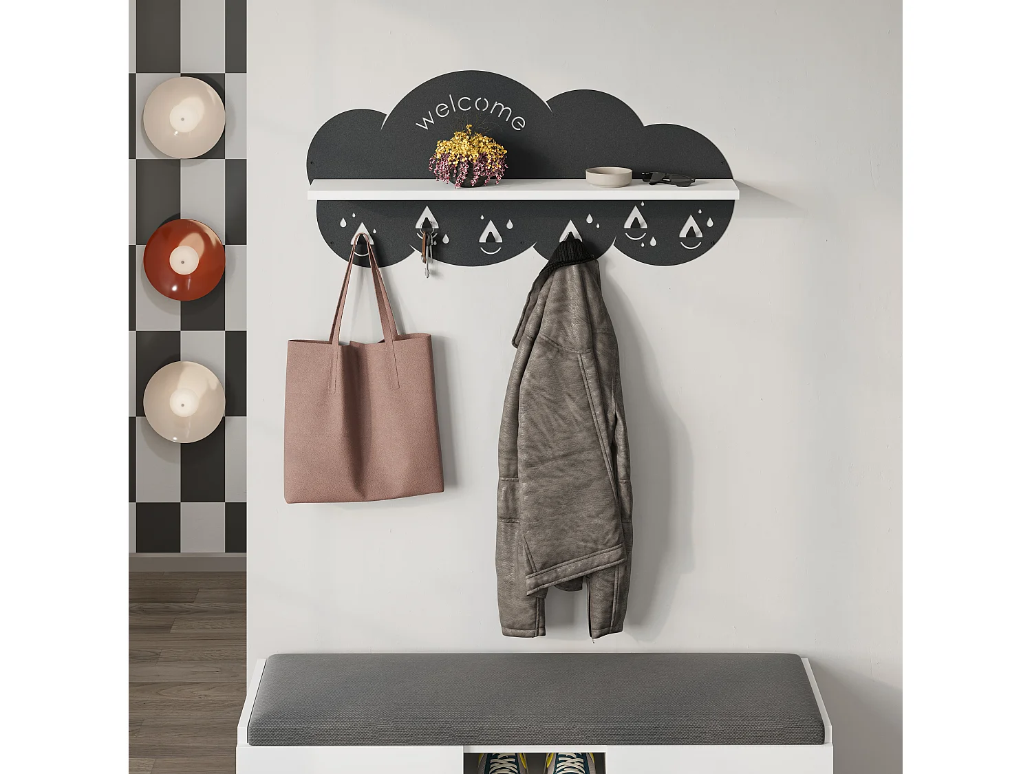 Decortie Blanc 14.2x84x39.4cm Portemanteau Mural avec 6 Crochets Panneau de Particules, Métal Étagère de Rangement Cloudy