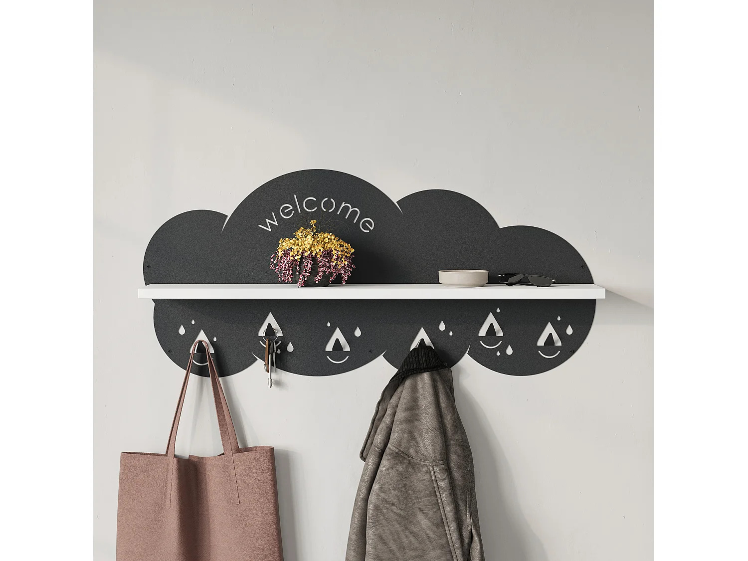 Decortie Blanc 14.2x84x39.4cm Portemanteau Mural avec 6 Crochets Panneau de Particules, Métal Étagère de Rangement Cloudy