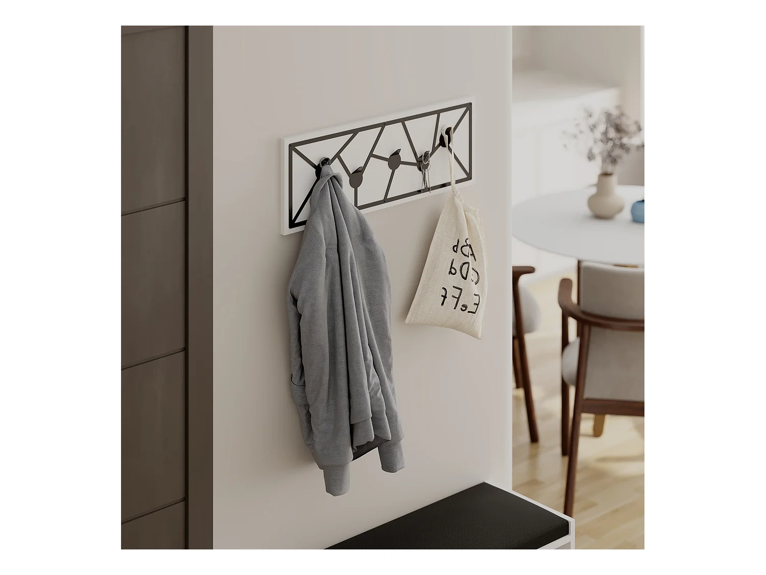 Decortie Blanc 1.8x74.6x26.6cm Porte-manteau mural avec 5 crochets, aggloméré, métal avec étagère de rangement Trace